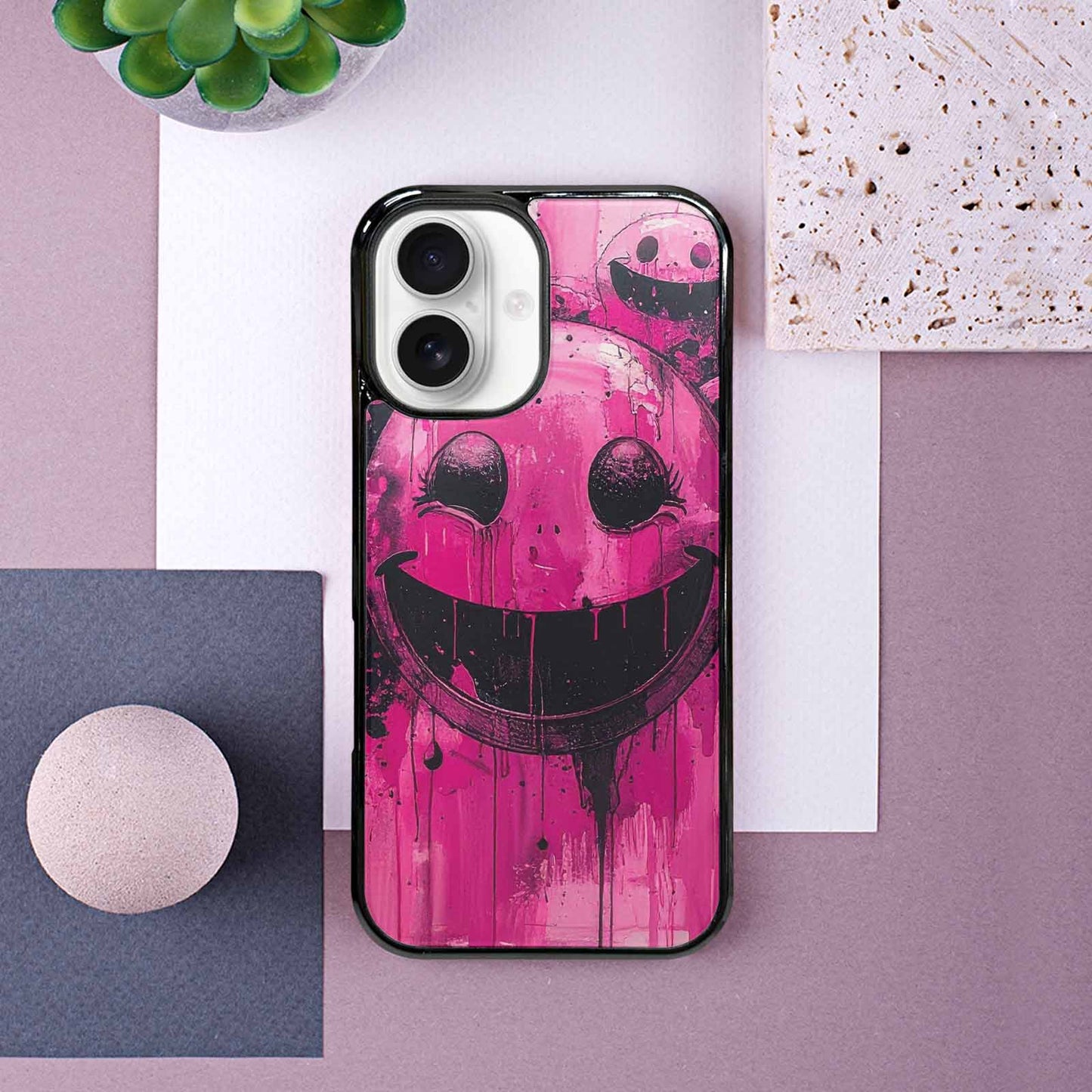 iPhone 16 Case — Melting Moon Smiley Black Pink Ink, Custom Art Phone Cover