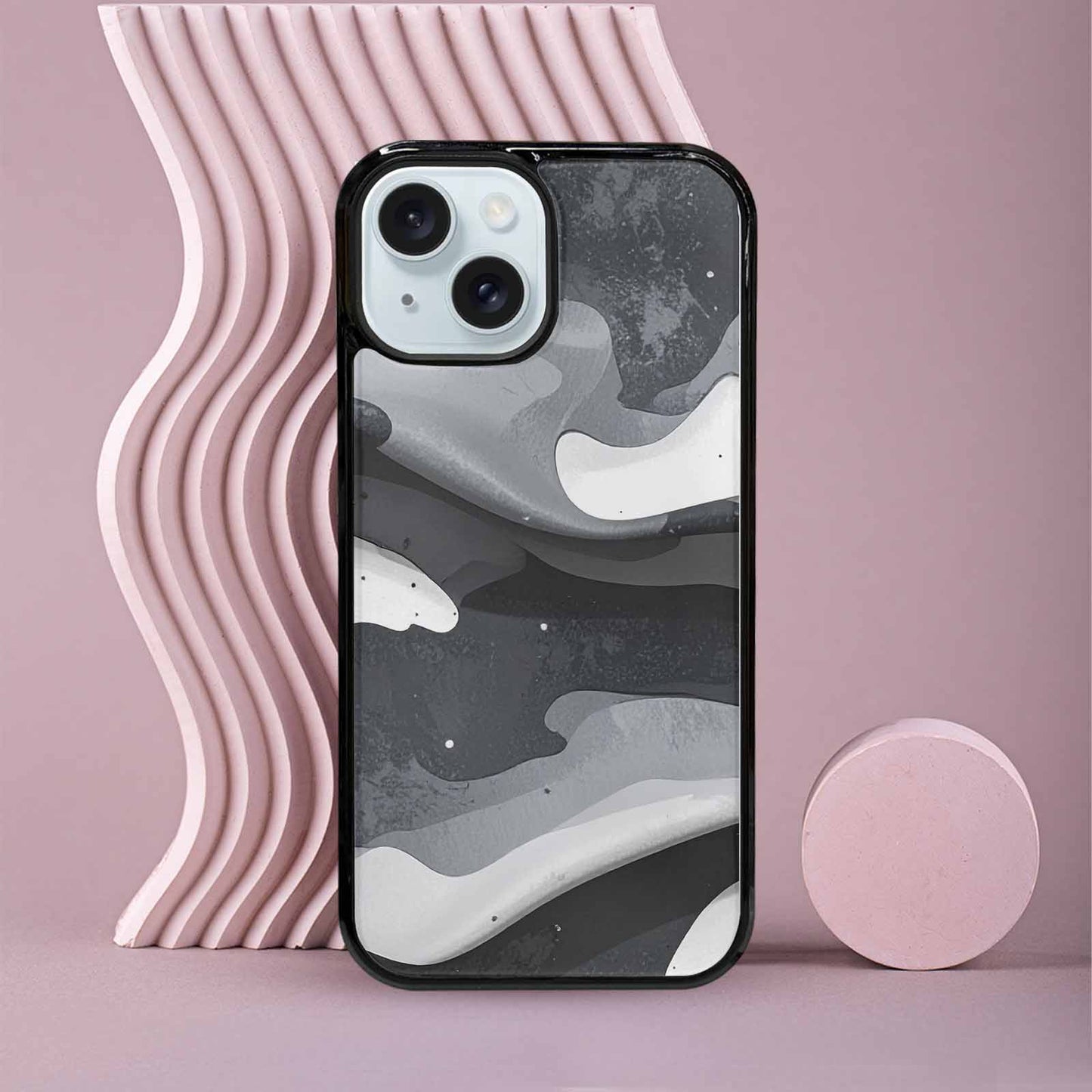 iPhone 15 Case — Grey Camo Print, Custom Designed Case Cover