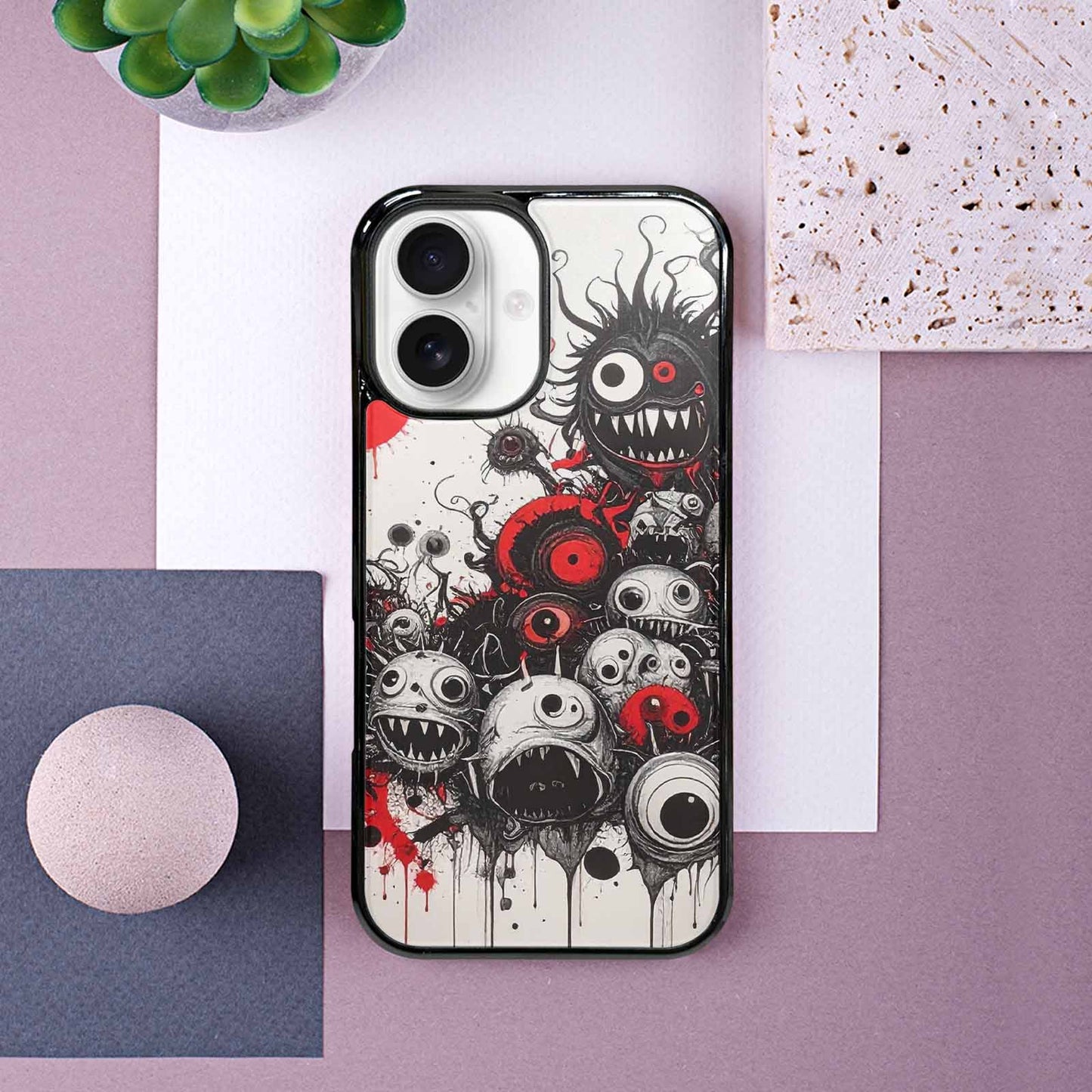 iPhone 16 Case — Multi Eye Monster Black Red Ink, Custom Print Case Cover