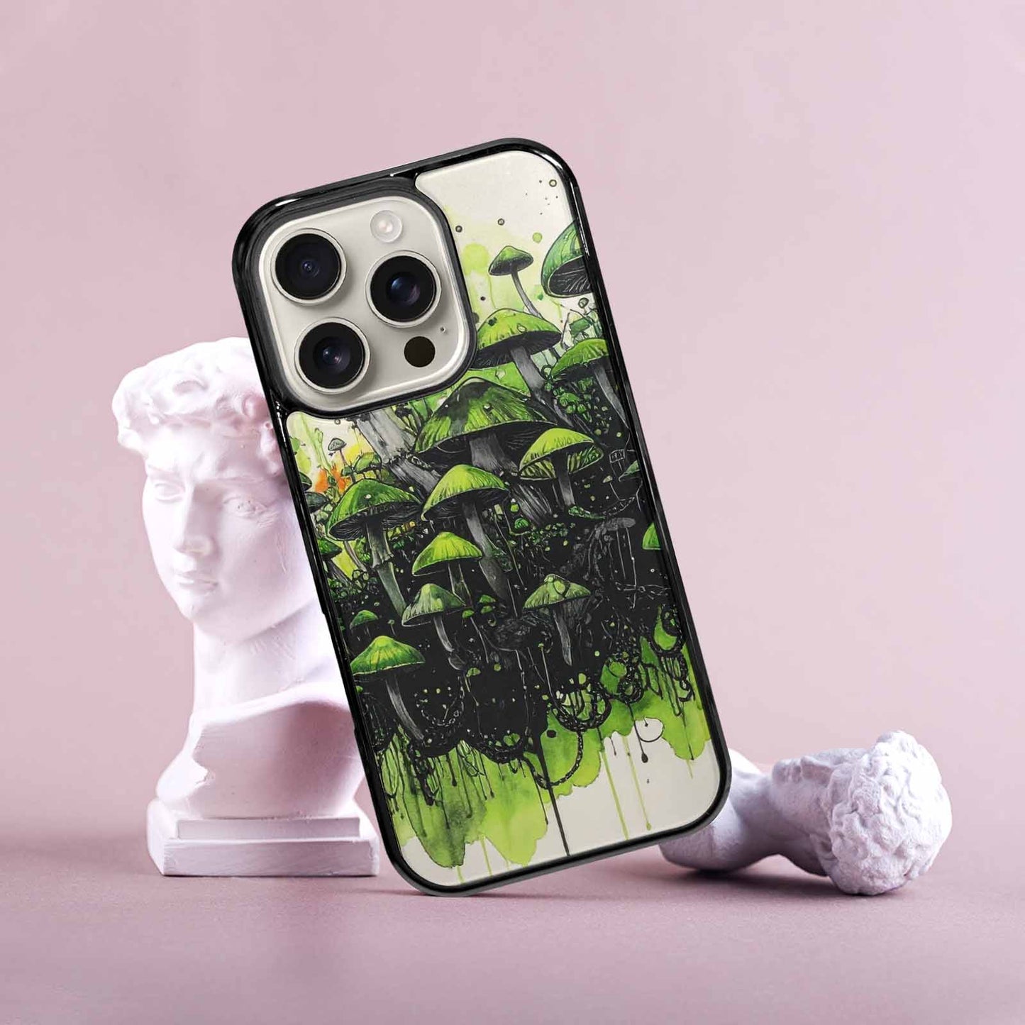 iPhone 16 Pro Case — Rainbow Drip Mushrooms Black Green Ink, Custom Phone Case