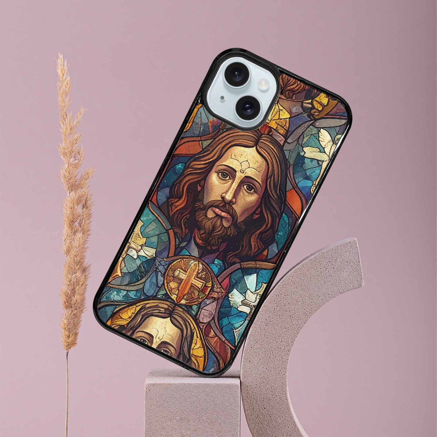 iPhone 15 Plus Case — Jesus Face Small Cross And Faith, Custom Printed Phone Case