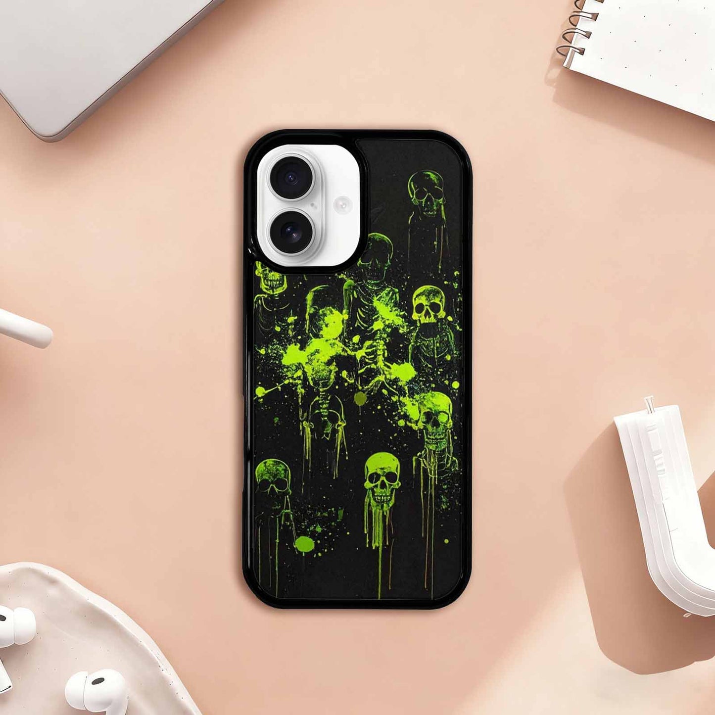 iPhone 17 Case — Skeletons Neon Green Original Art, Custom Designed Case Cover