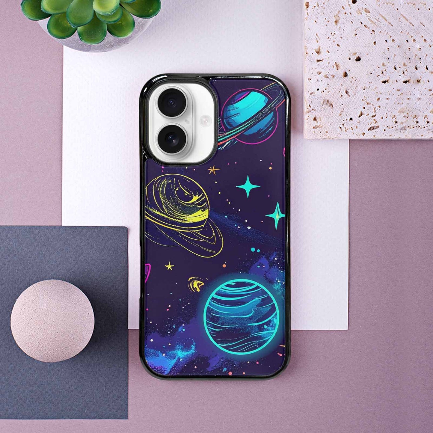 iPhone 16 Case — Space Galaxy Astronaut Pattern Planets Stars, Unique Phone Case Design