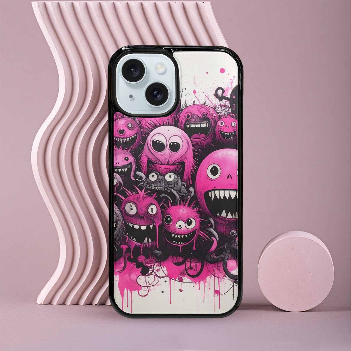 iPhone 15 Case — Monsters General Black Pink Ink Cartoon, Custom Phone Case