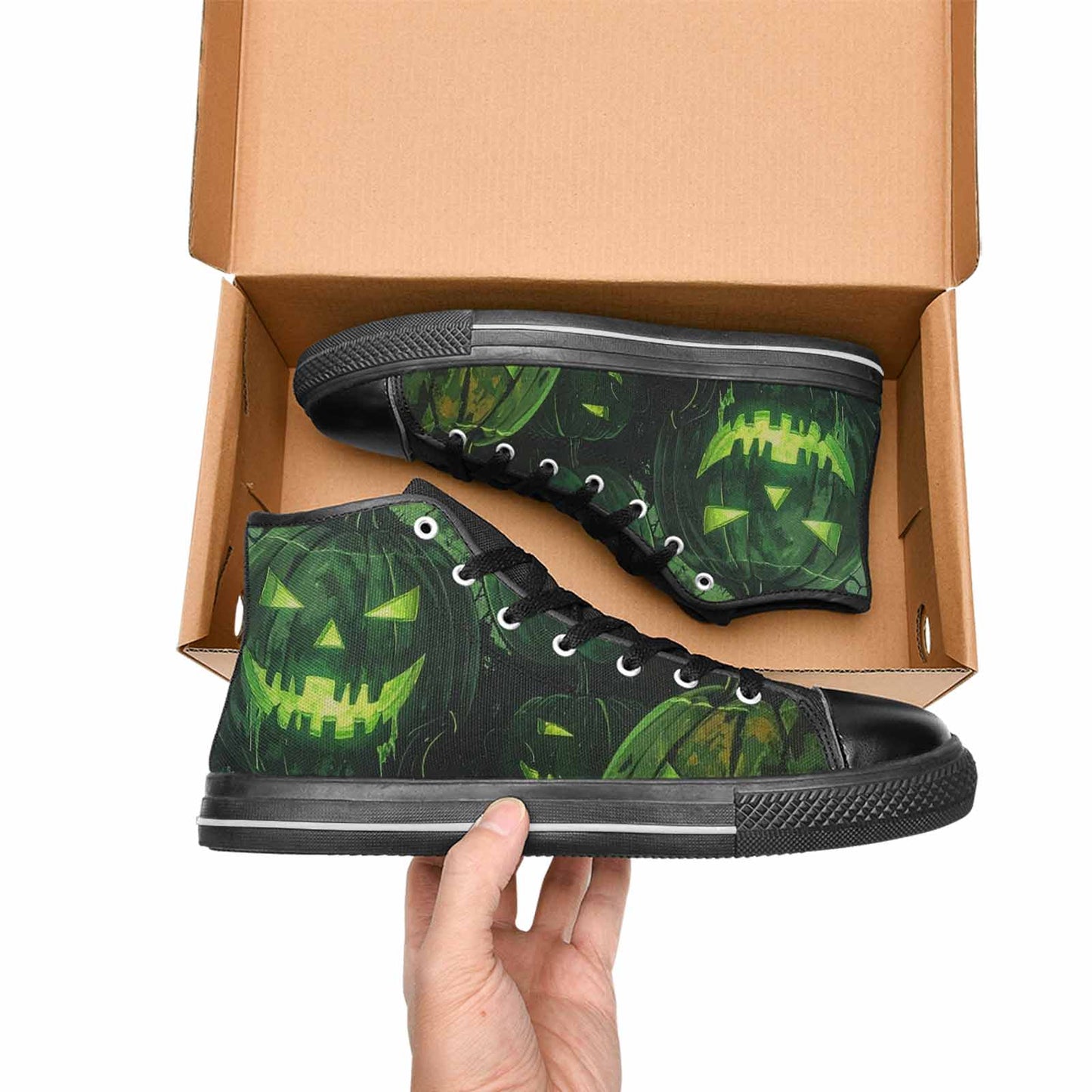 WOMEN'S Halloween Glowing Jackolantern High Top Canvas Wallpaper Art Custom Sneakers
