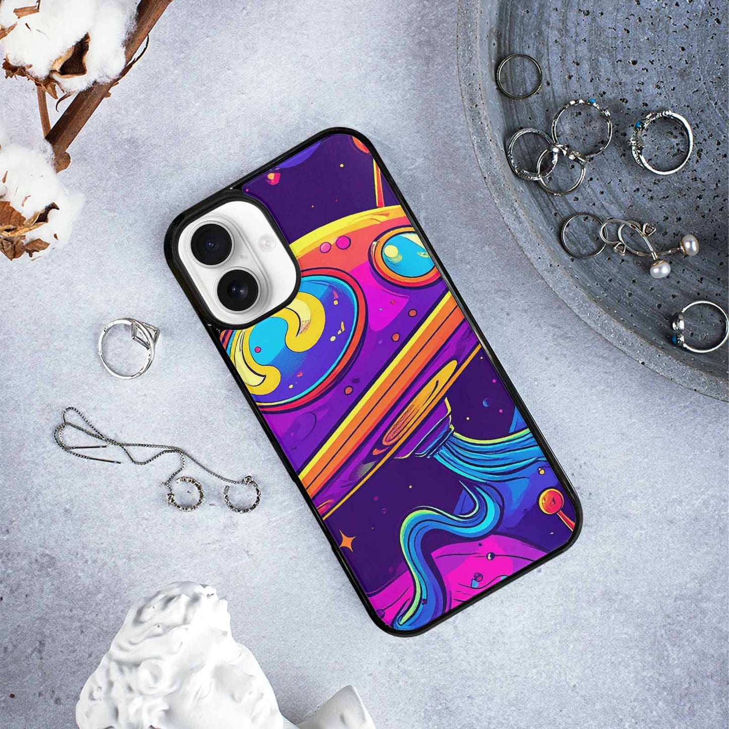 iPhone 16 Plus Case — Alien Ufo Cartoon Art Pattern Groovy, Custom Phone Case