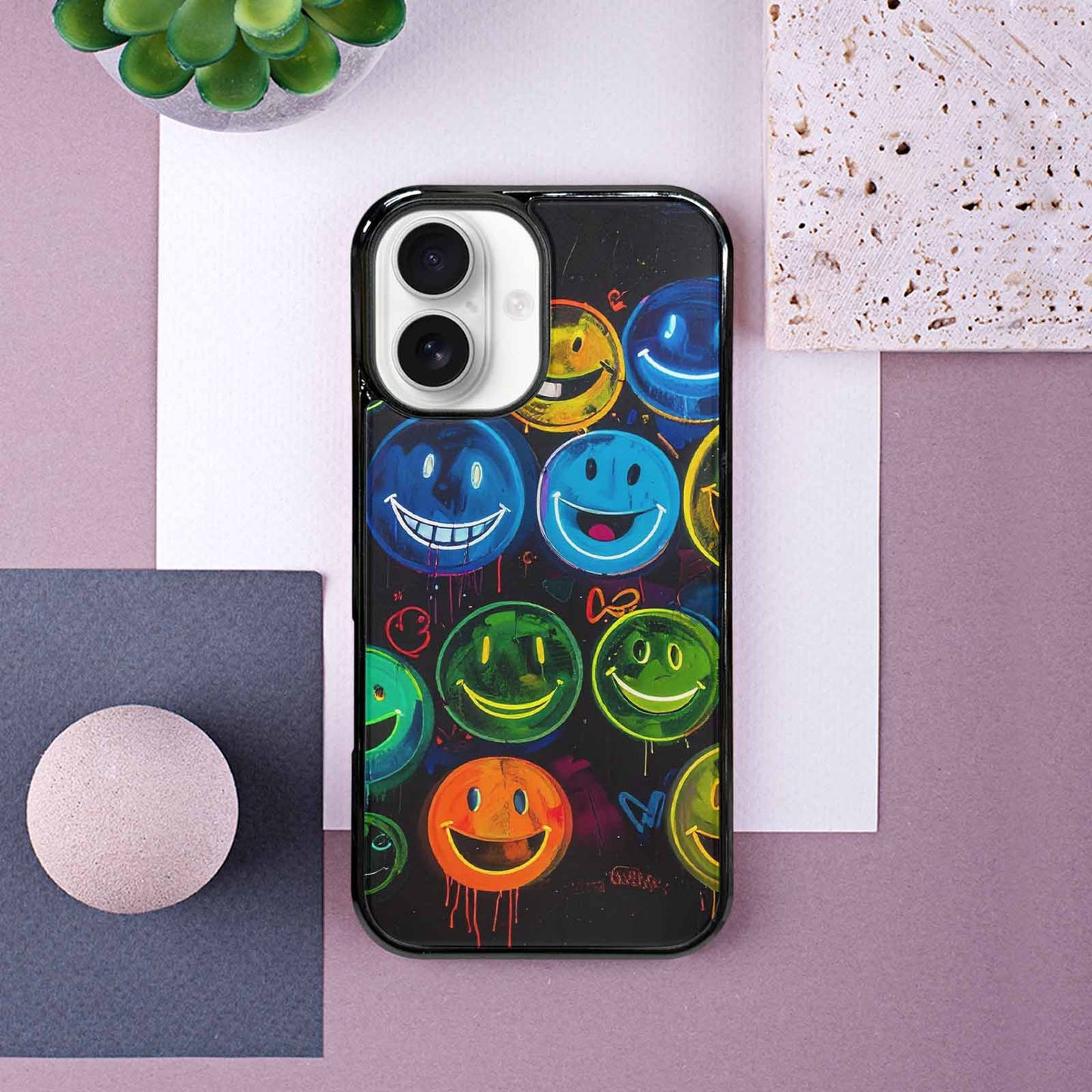 iPhone 16 Case — Smiley Faces Glow Smiley Faces Pattern, Custom Designed Case Cover