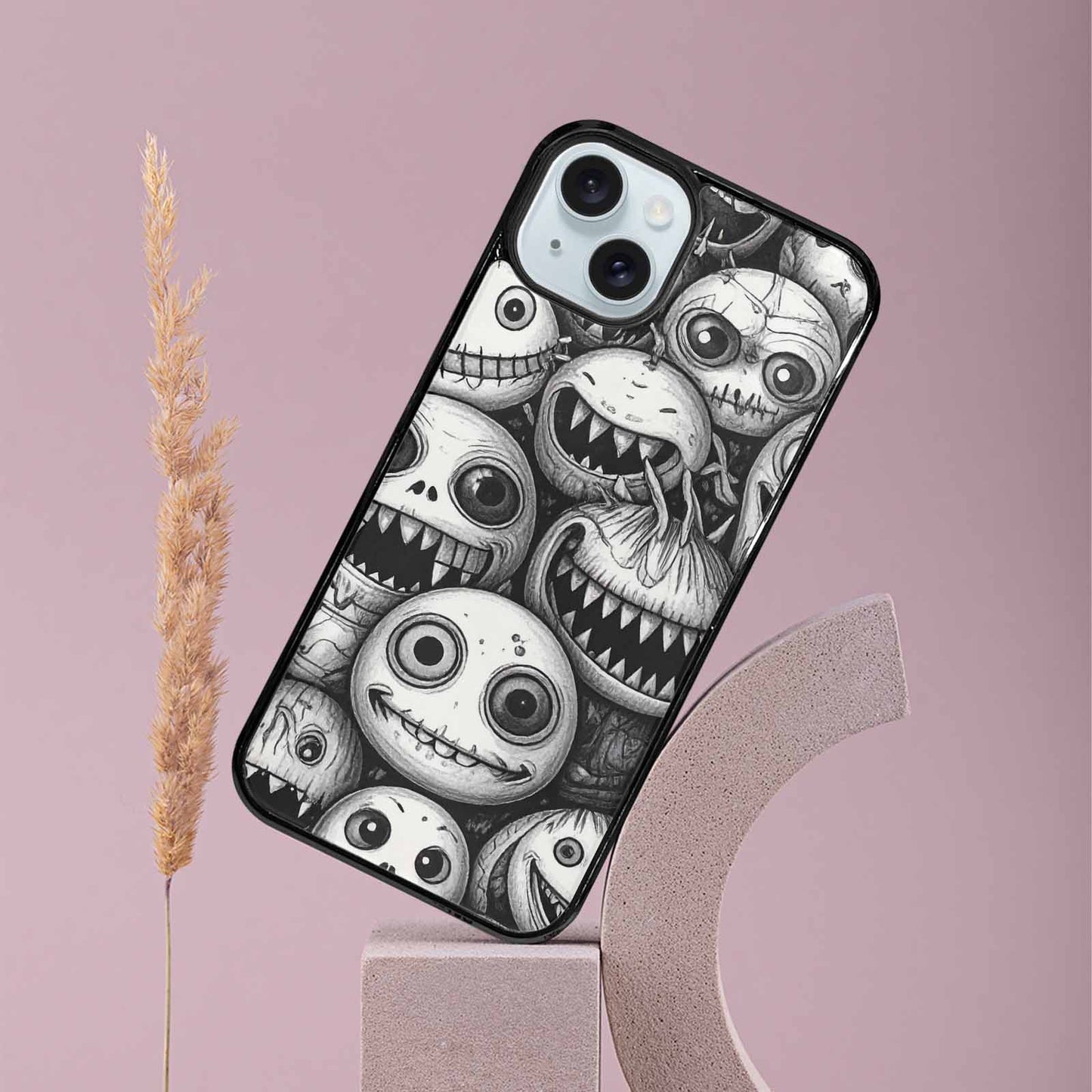 iPhone 15 Plus Case — Black And White Monster Face Collage, Personalized Phone Case