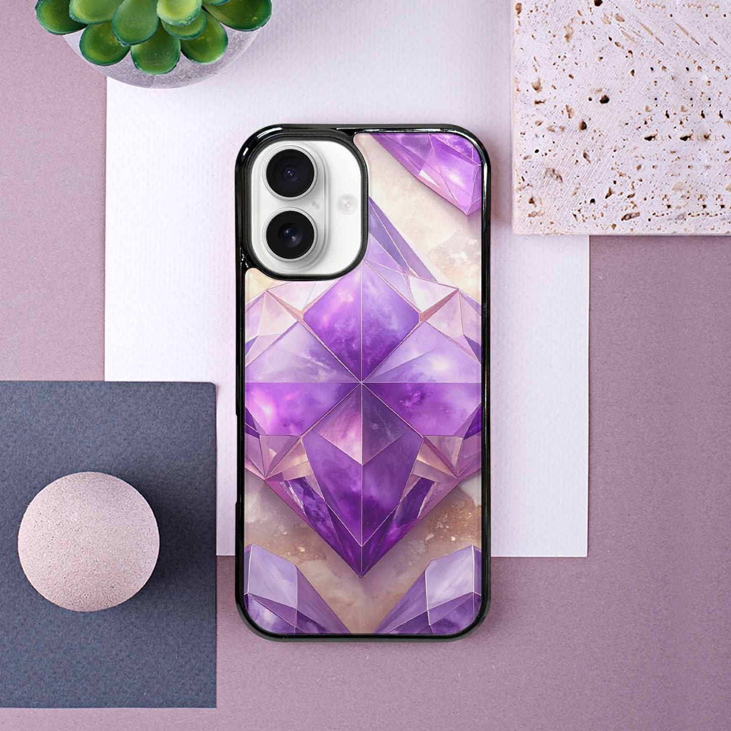iPhone 16 Case — Amethyst Crystal Art Pattern, Custom Print Case Cover