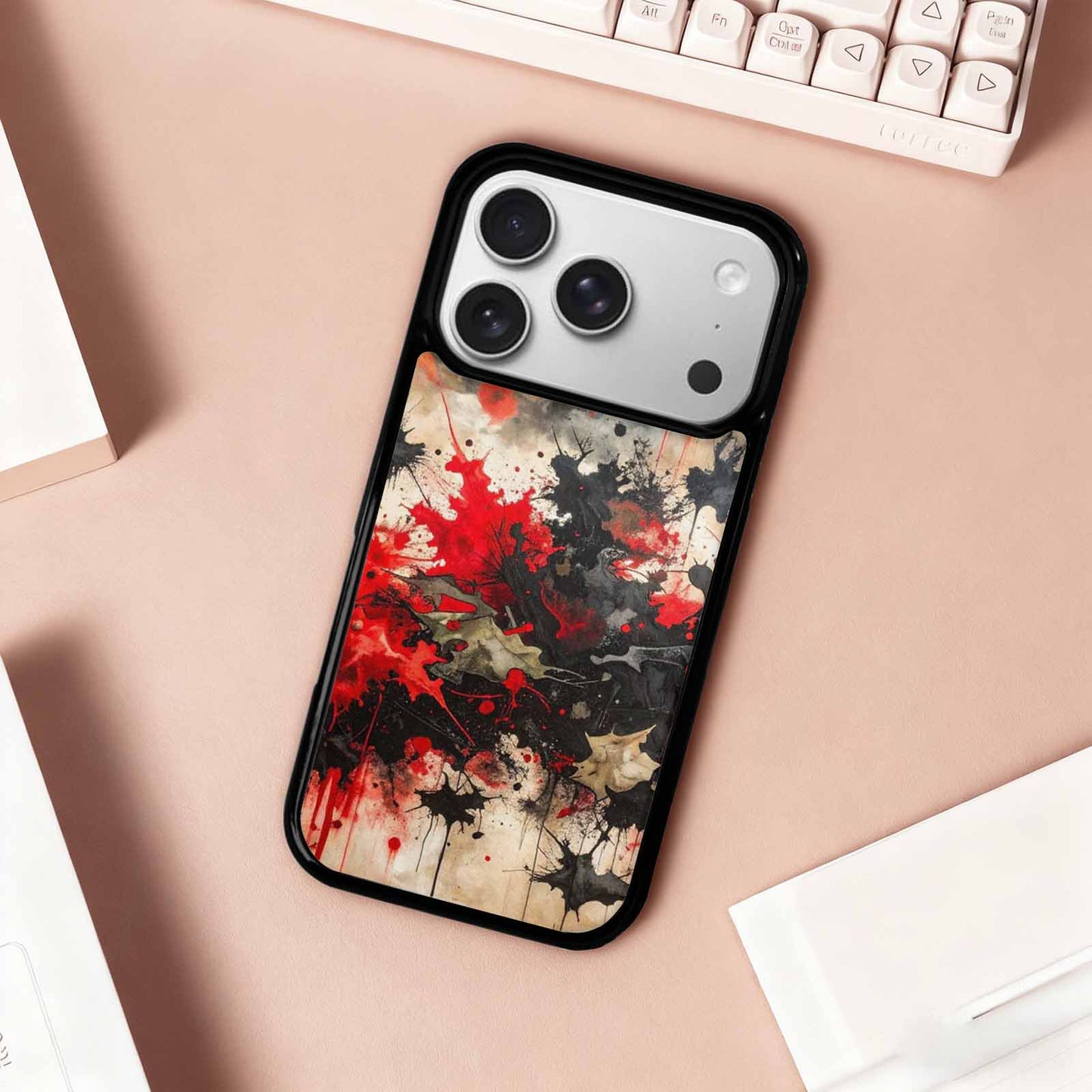 iPhone 17 Pro Case — Black Red Ink Camo Patches Camo, Custom Print Case Cover