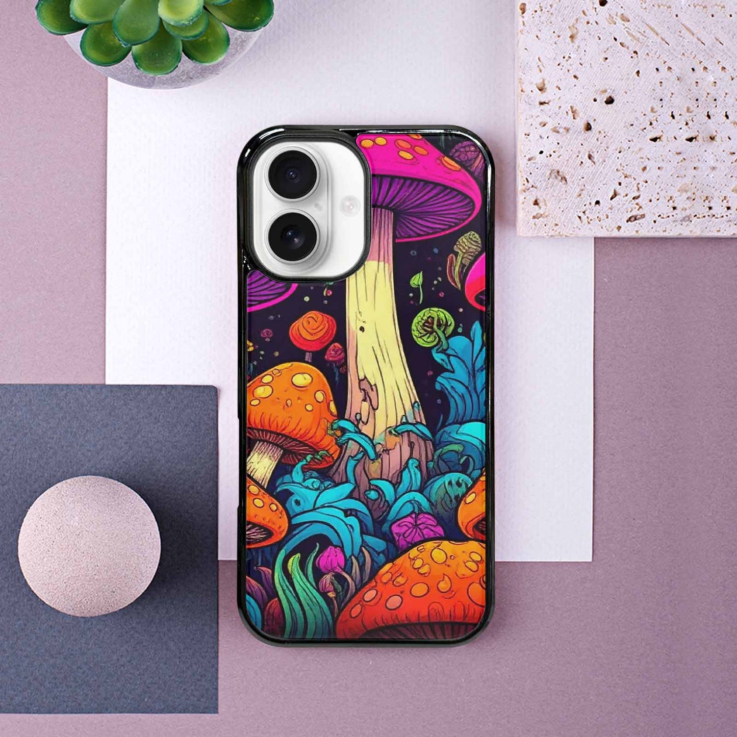iPhone 16 Case — Psychedelic Mushroom Cartoon Pattern, Custom Designed Case Cover