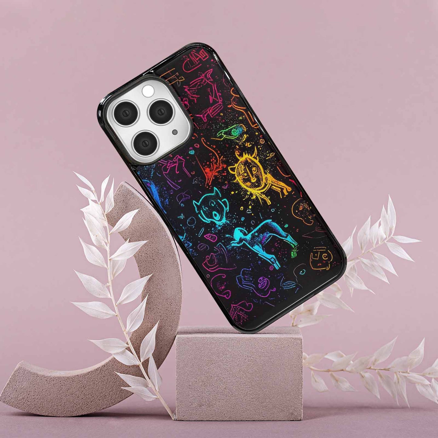 iPhone 15 Pro Max Case — Neon Glow Outline Icon Pattern Hundreds, Custom Art Phone Cover