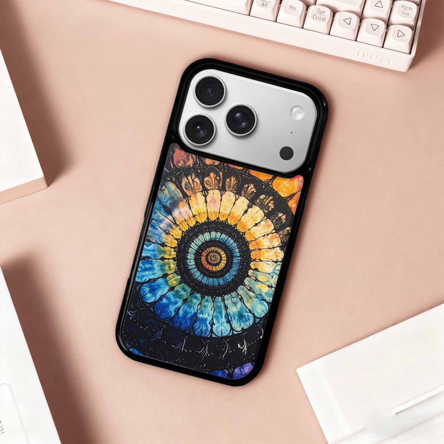 iPhone 17 Pro Case — Tie Dye Swirls Black Blue Tie, Original Design Phone Case