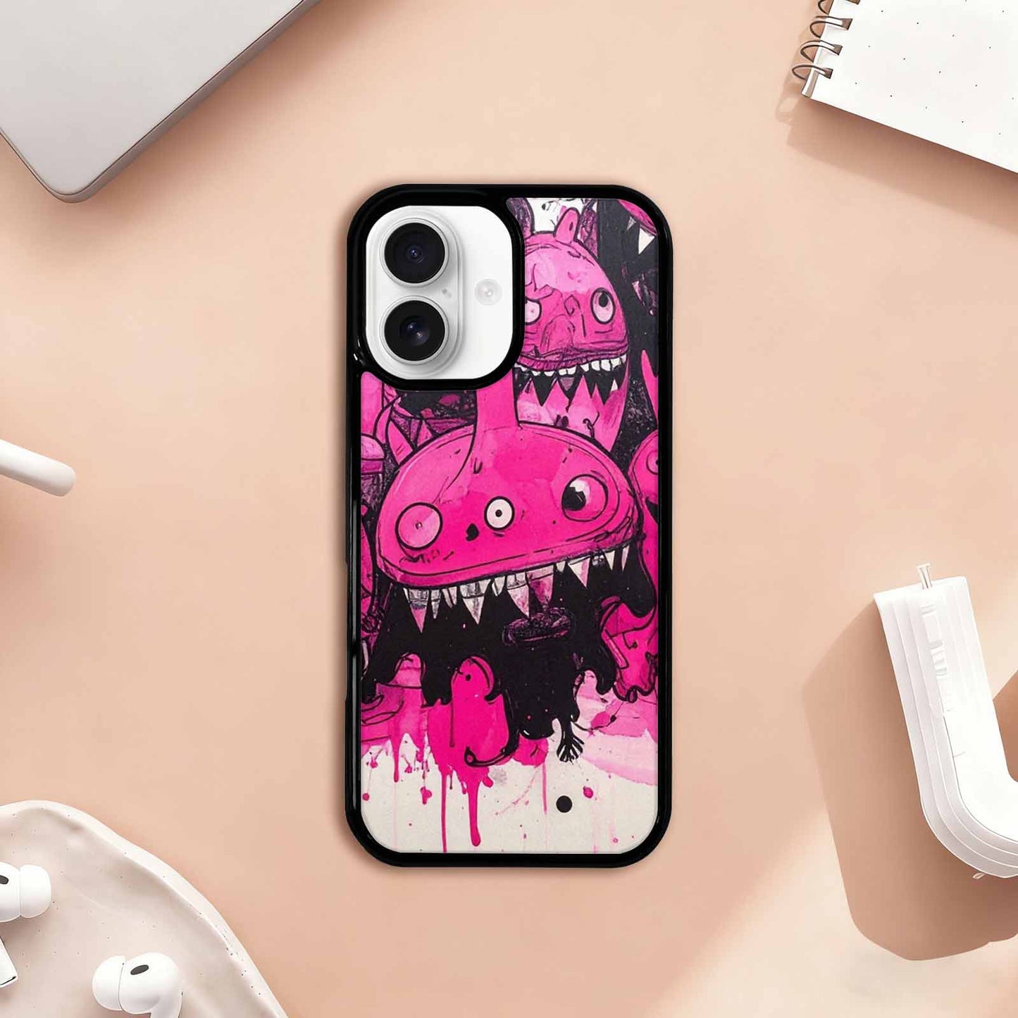 iPhone 17 Case — Black & Pink Ink Cartoon Cute, Custom Designed Case Cover