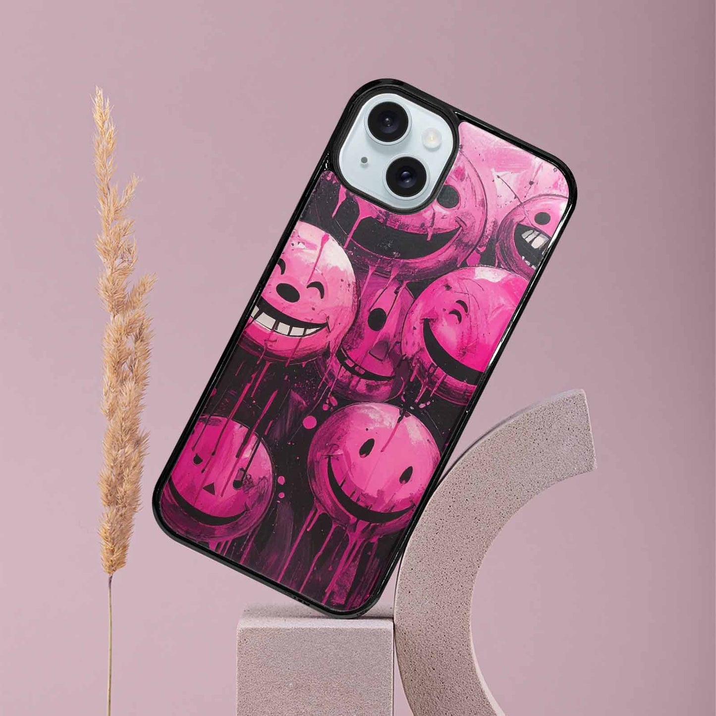 iPhone 15 Plus Case — Melting Moon Smiley Black Pink Ink, Unique Phone Case Design
