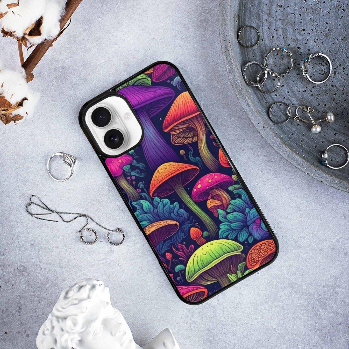 iPhone 16 Plus Case — Mushroom Psychedelic Art Seamless Pattern Vibrant, Custom Art Phone Cover