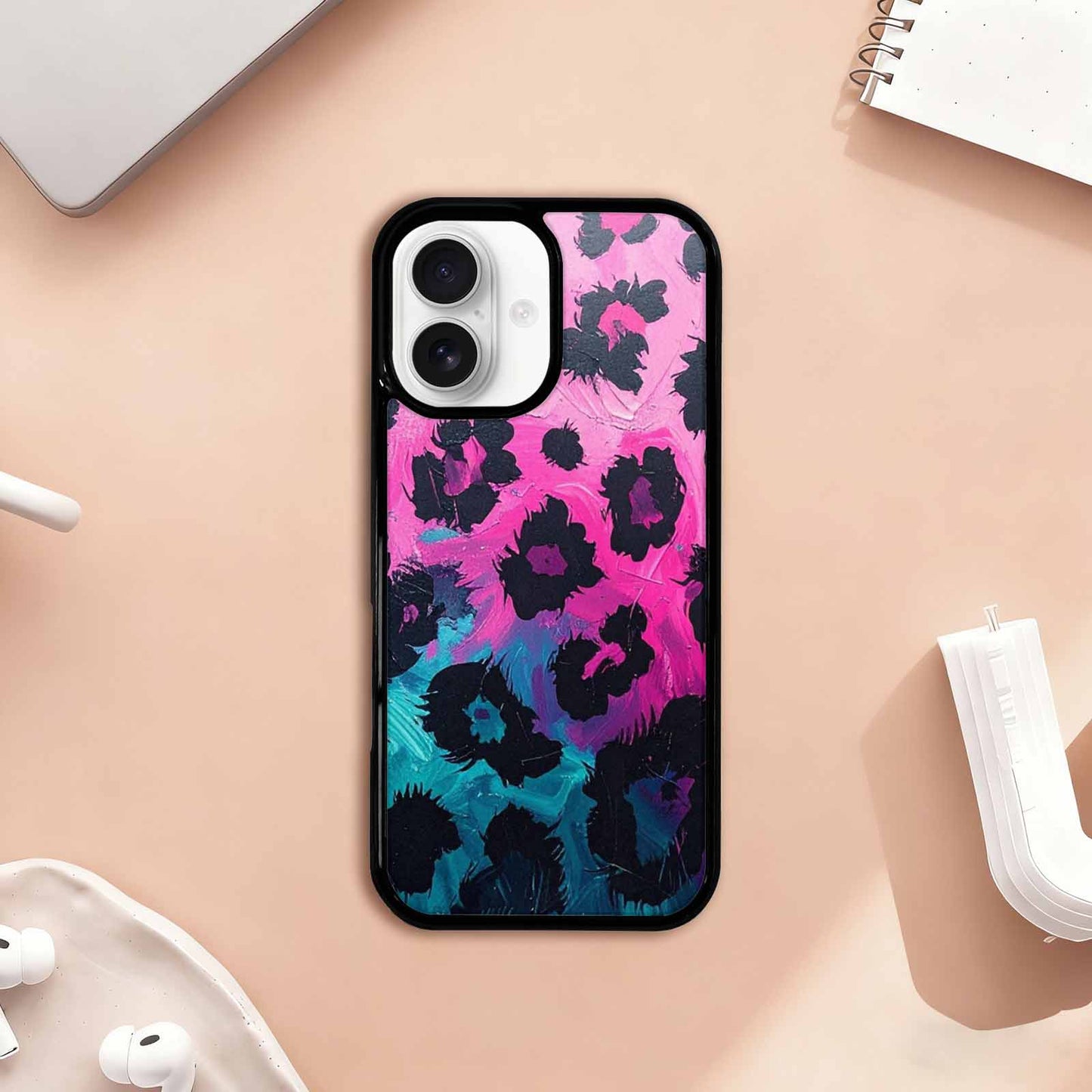 iPhone 17 Case — Leopard Neon Pink Teal Airbrush Animal, Personalized Phone Case