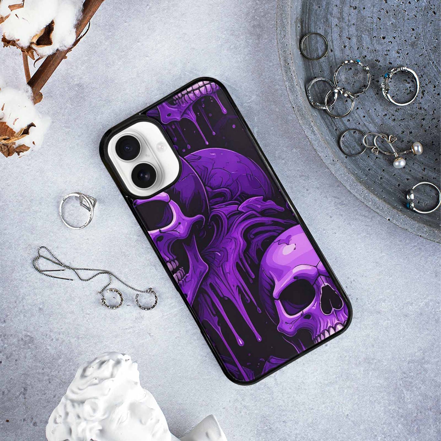 iPhone 16 Plus Case — Monochrome Purple Skeletons Neon Drip Melting, Custom Made Phone Cover