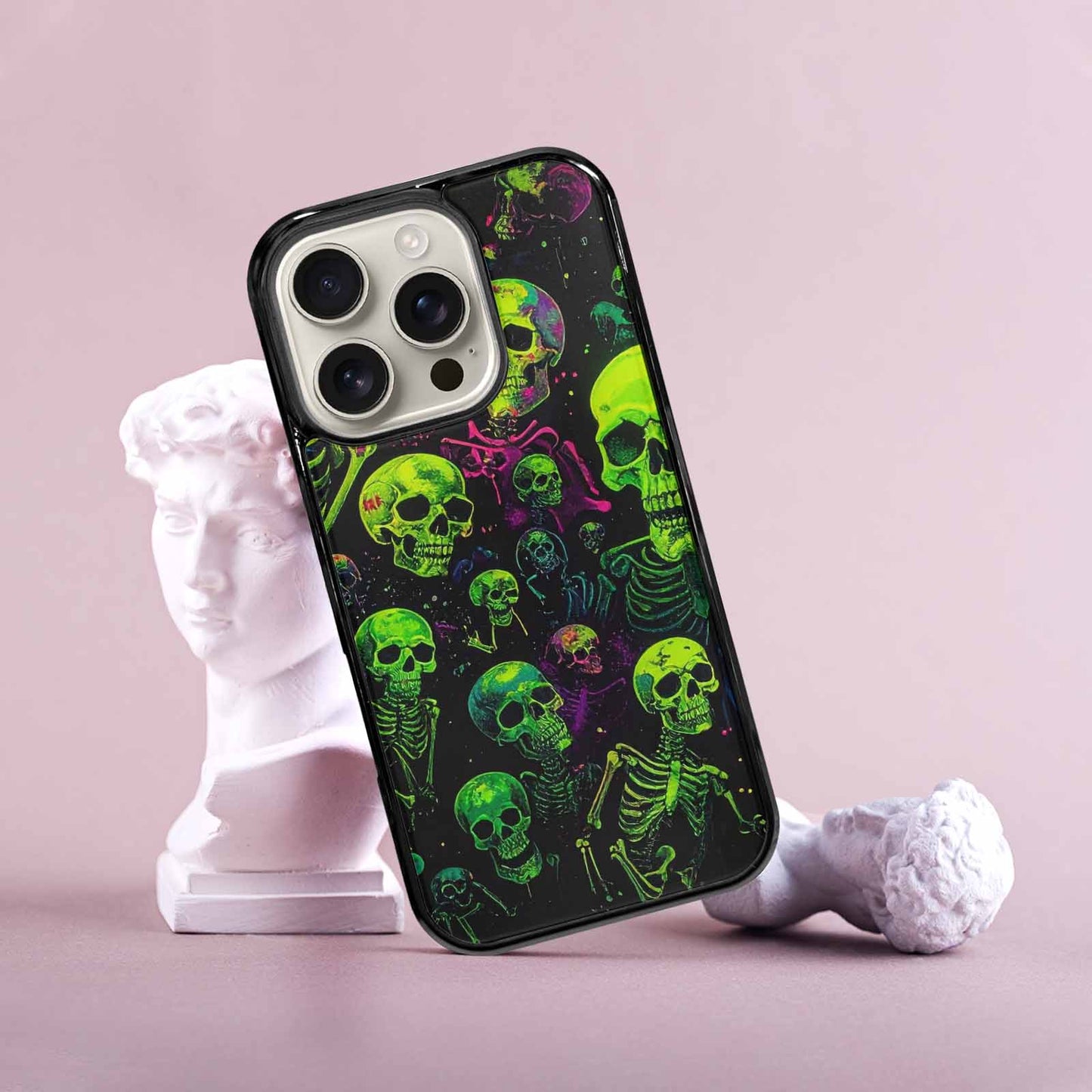 iPhone 16 Pro Case — Skeletons Neon Green Glow Skeletons Pattern, Custom Printed Phone Case