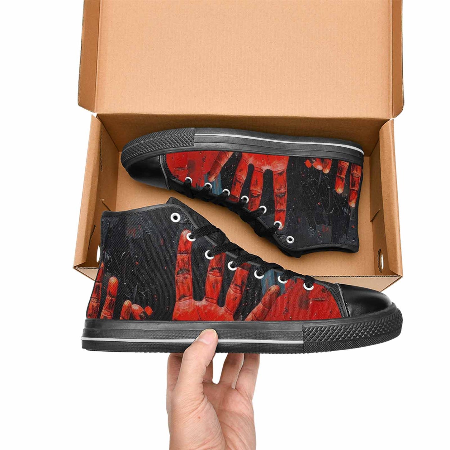 WOMEN'S Halloween Splatter Handprint High Top Canvas Vibrant Chaos Shoes