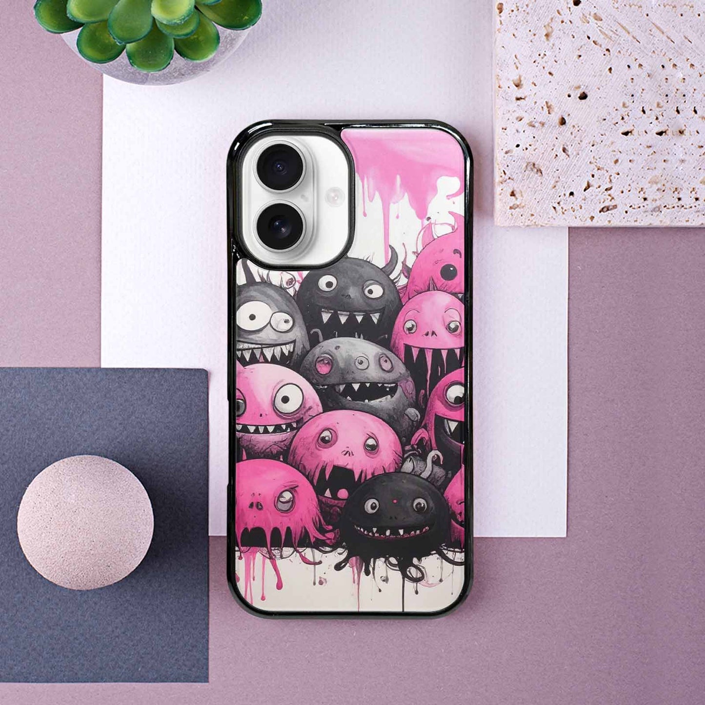 iPhone 16 Case — Monsters General Black Pink Ink Cartoon, Custom Printed Phone Case