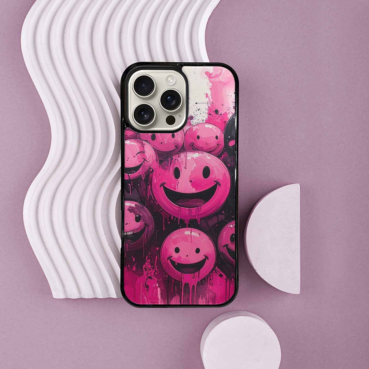 iPhone 16 Pro Max Case — Melting Moon Smiley Black Pink Ink, Custom Designed Case Cover