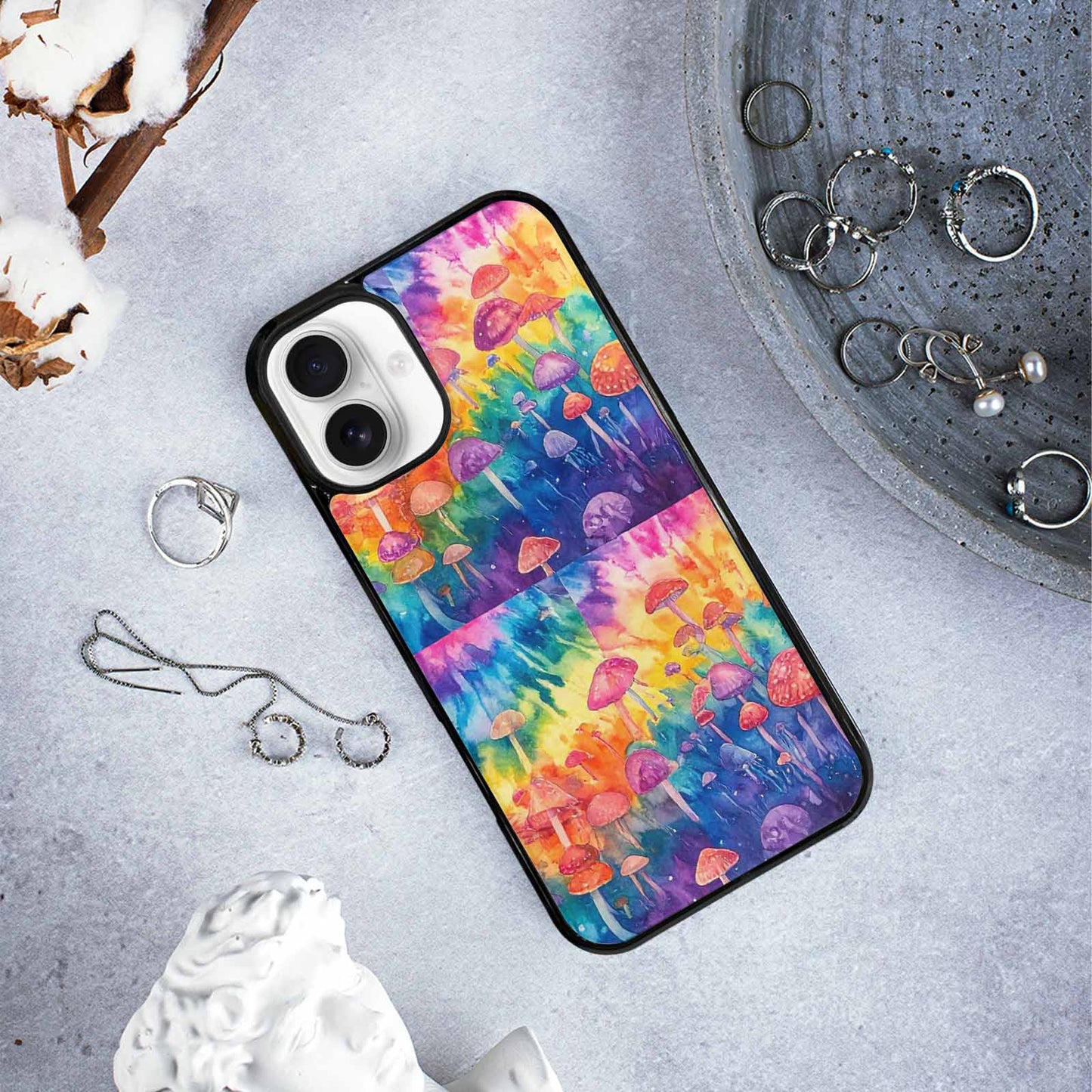 iPhone 16 Plus Case — Mushrooms Tie Dyemushrooms Pat, Custom Phone Case