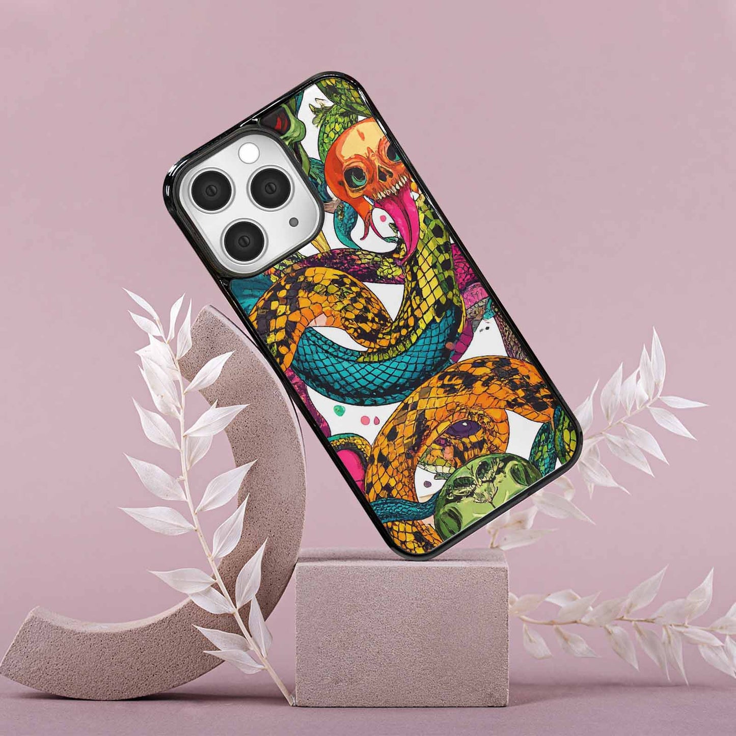 iPhone 15 Pro Max Case — Snake Print Skull, Custom Art Phone Cover