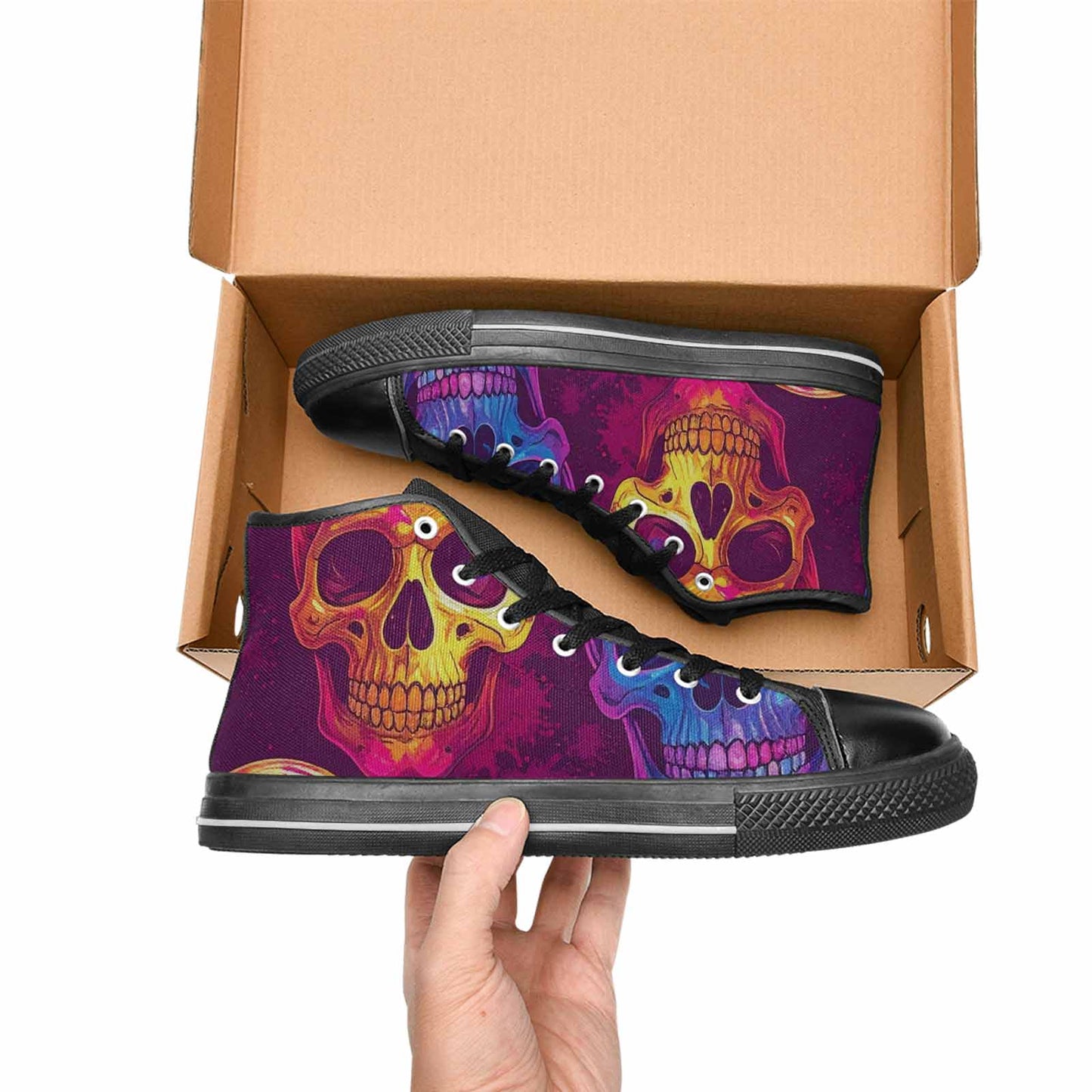 WOMEN'S Tie Dye Skulls Print High Top Canvas Neon Fantasy Sneakers