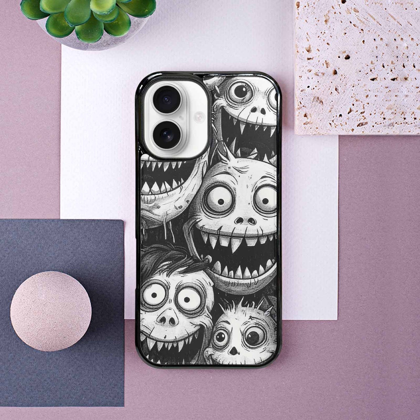 iPhone 16 Case — Black And White Monster Face Collage, Custom Phone Case