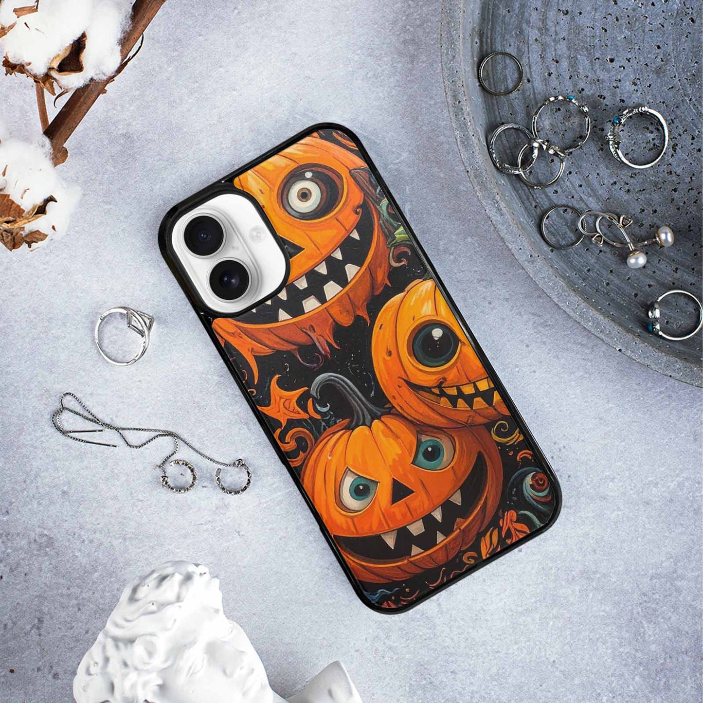 iPhone 16 Plus Case — Cartoon Pumpkin Monster, Unique Phone Case Design