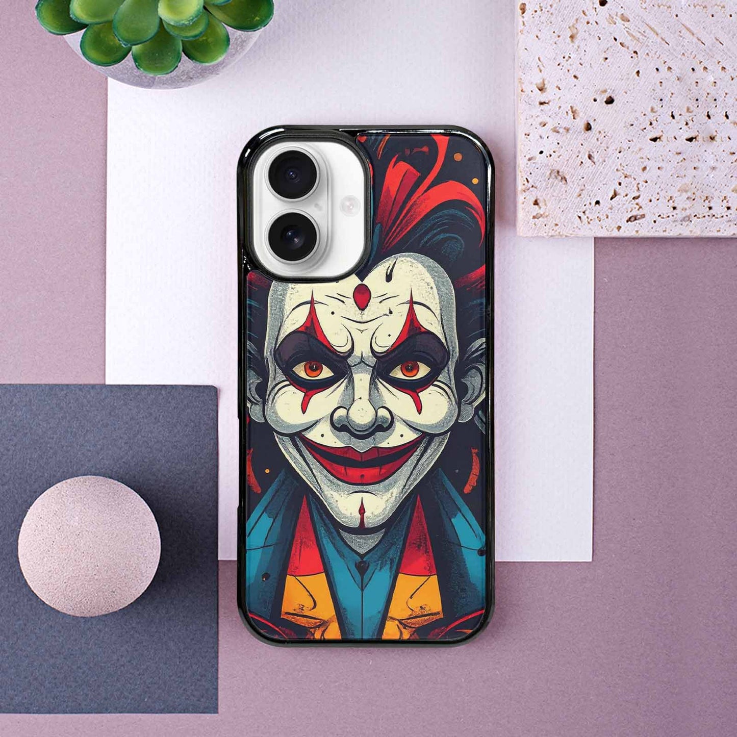 iPhone 16 Case — Evil Circus Heads Faces Overlapping Patterns, Custom Printed Phone Case