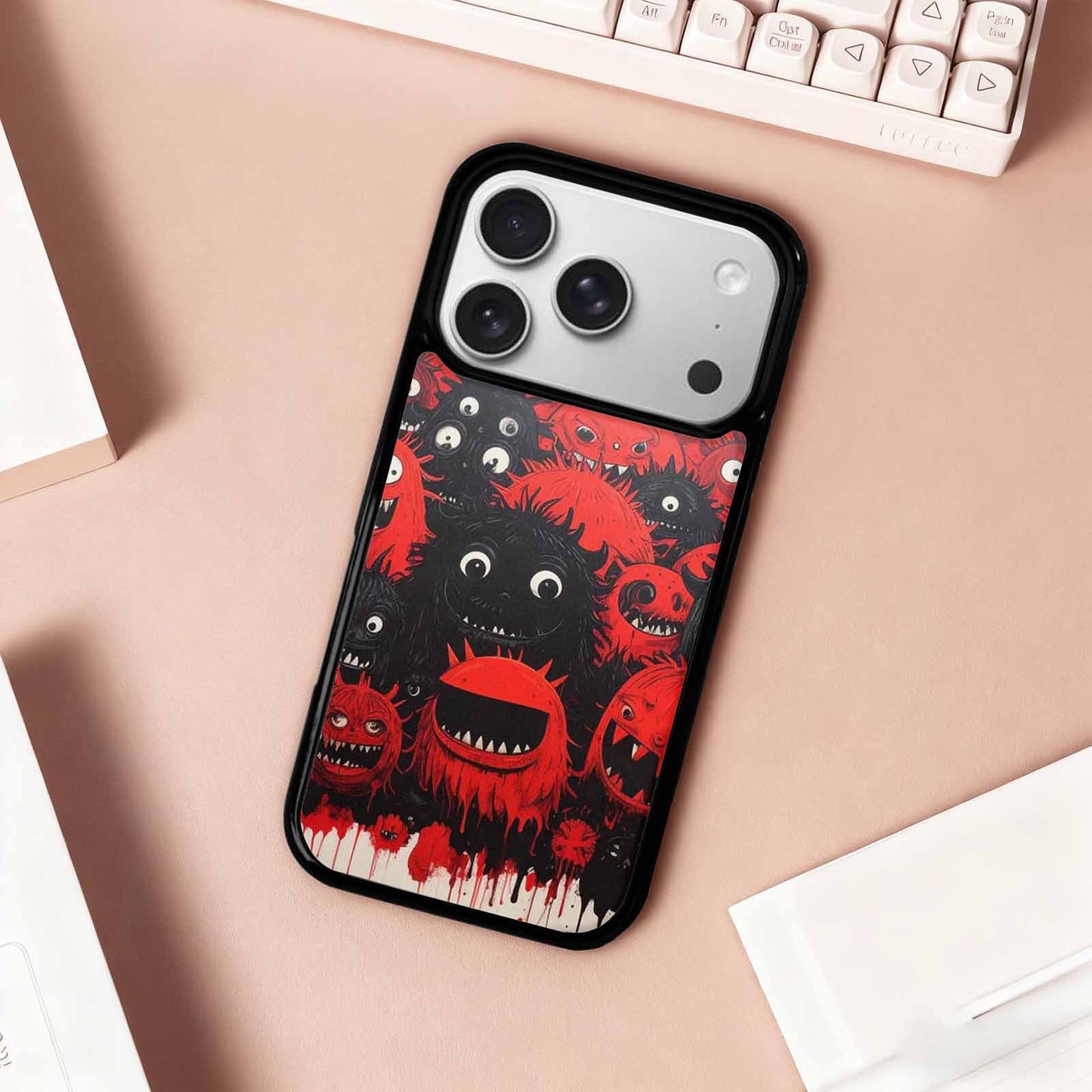 iPhone 17 Pro Case — Black Red Ink Monsters General Cartoon, Custom Printed Phone Case