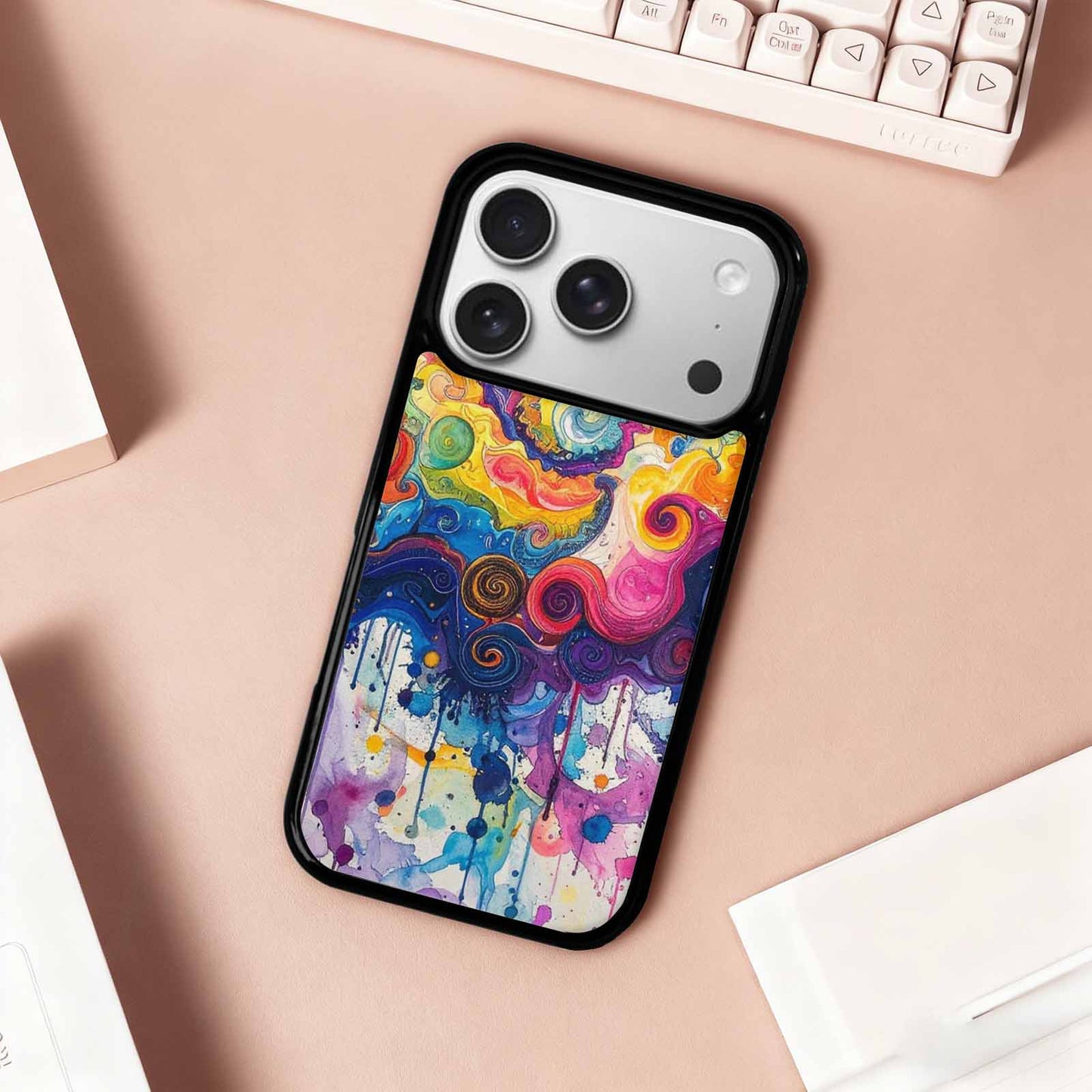 iPhone 17 Pro Case — Tie Dye Swirls Black Blue Tie, Original Design Phone Case