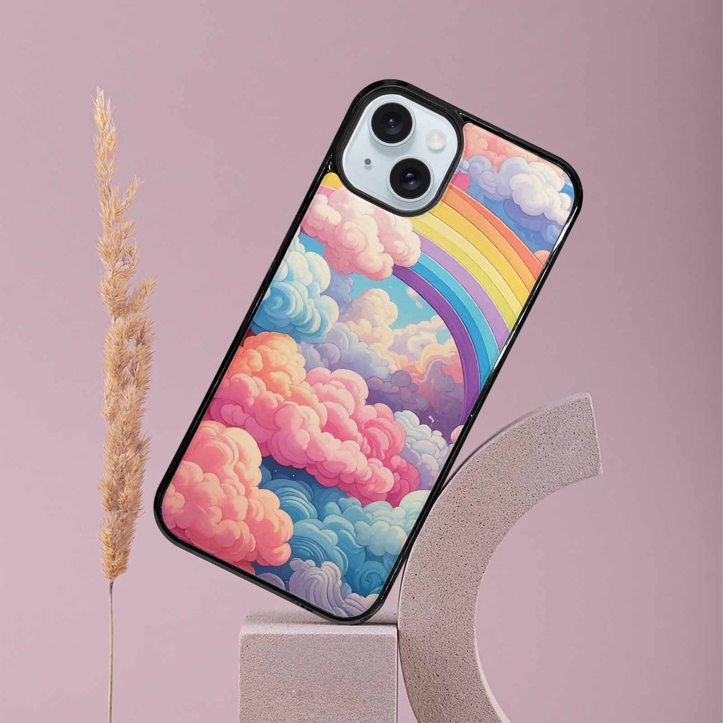 iPhone 15 Plus Case — Cloud And Rainbow Burst Pattern Hundreds, Custom Art Phone Cover
