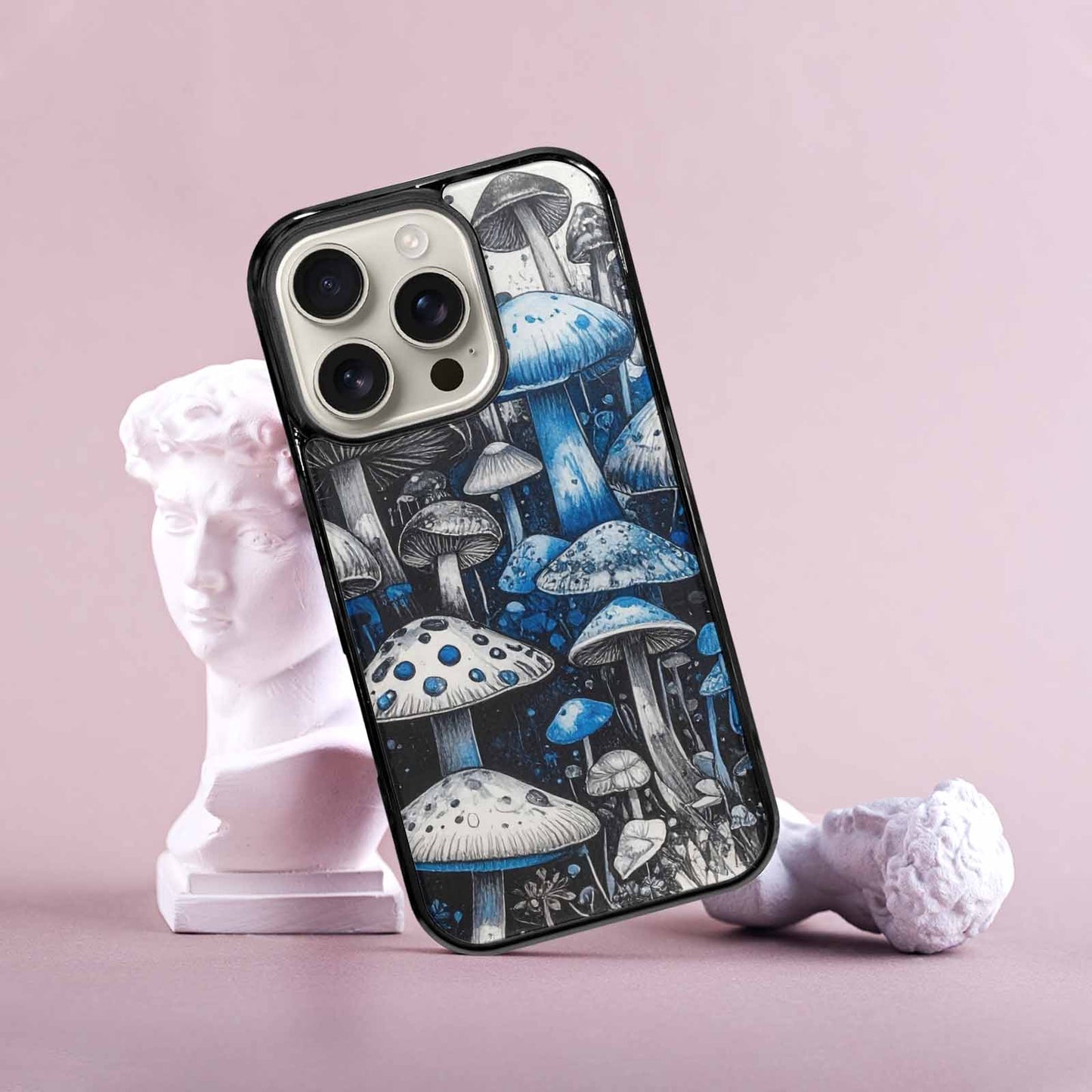 iPhone 16 Pro Case — Mushrooms General Black Blue Ink Mushrooms, Custom Phone Case