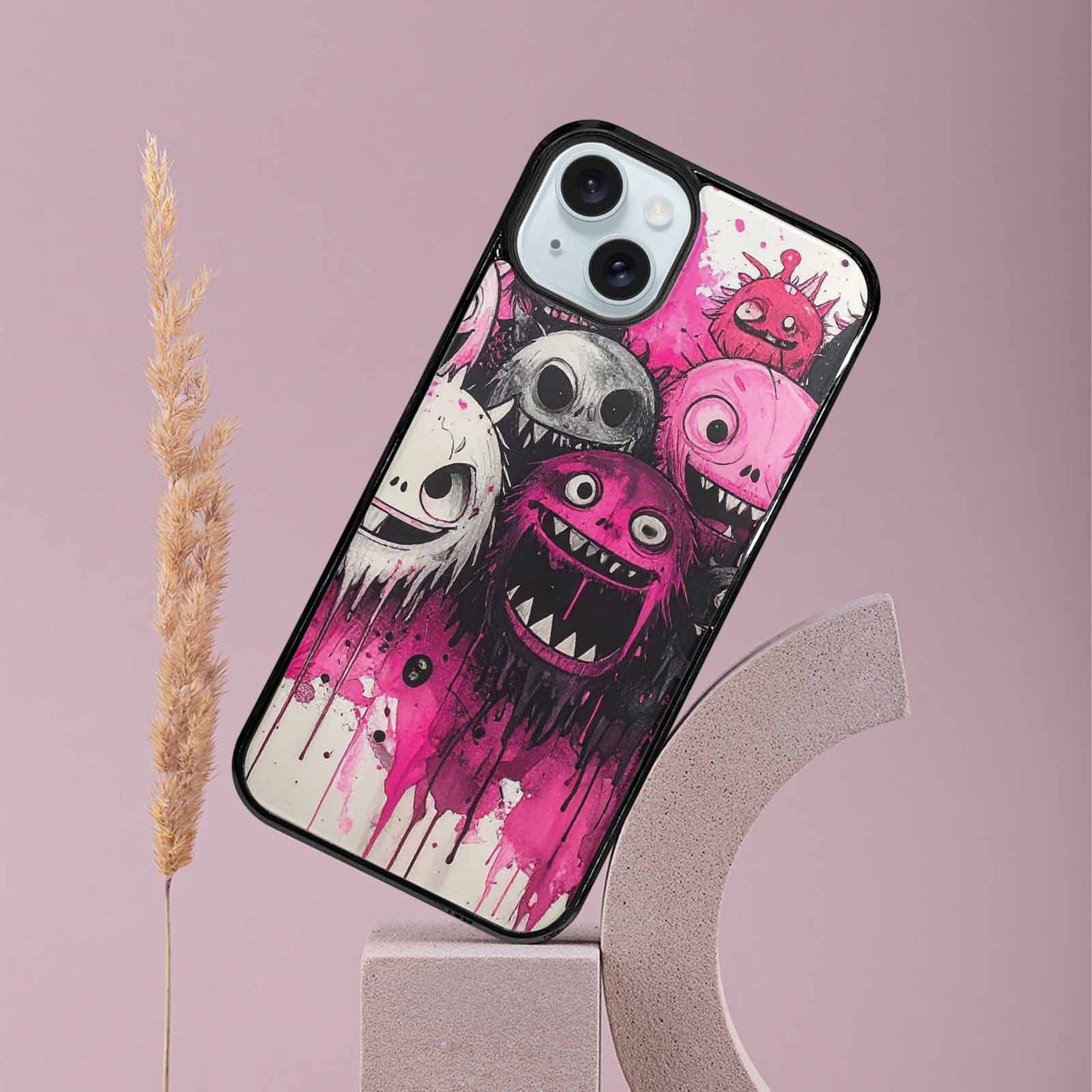 iPhone 15 Plus Case — Monsters General Black Pink Ink Cartoon, Unique Phone Case Design