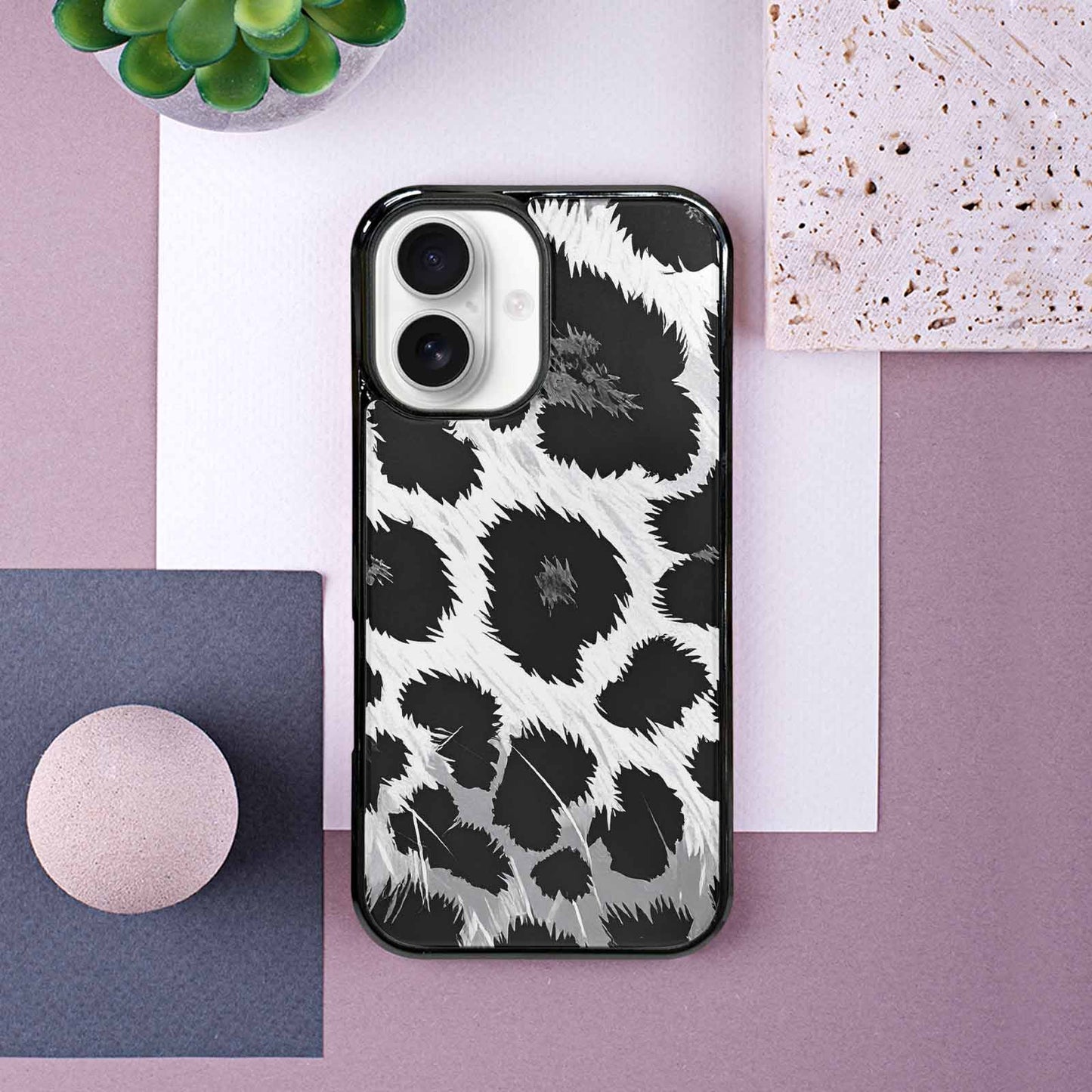 iPhone 16 Case — Leopard Print Black And White Style, Custom Print Case Cover