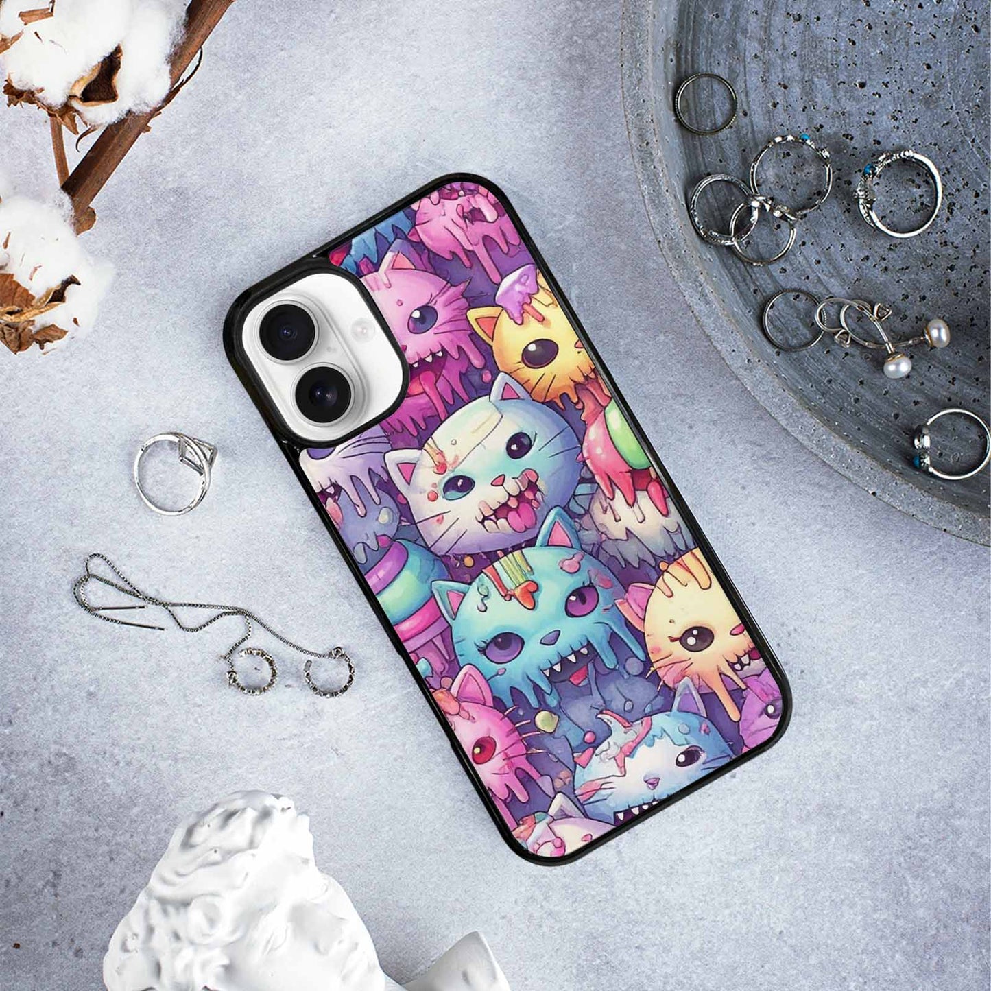 iPhone 16 Plus Case — Pastel Gore Cat Character Pattern Hundreds, Custom Print Case Cover
