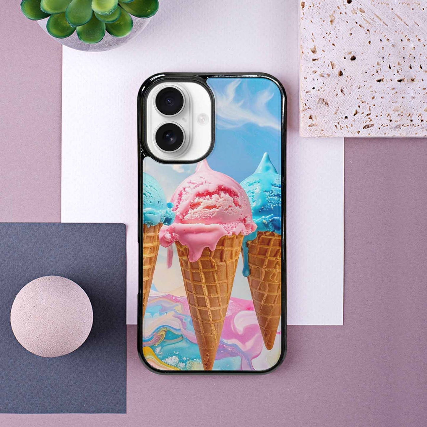 iPhone 16 Case — Collage Of Overlapping Waffle Cone Icecream, Custom Print Case Cover
