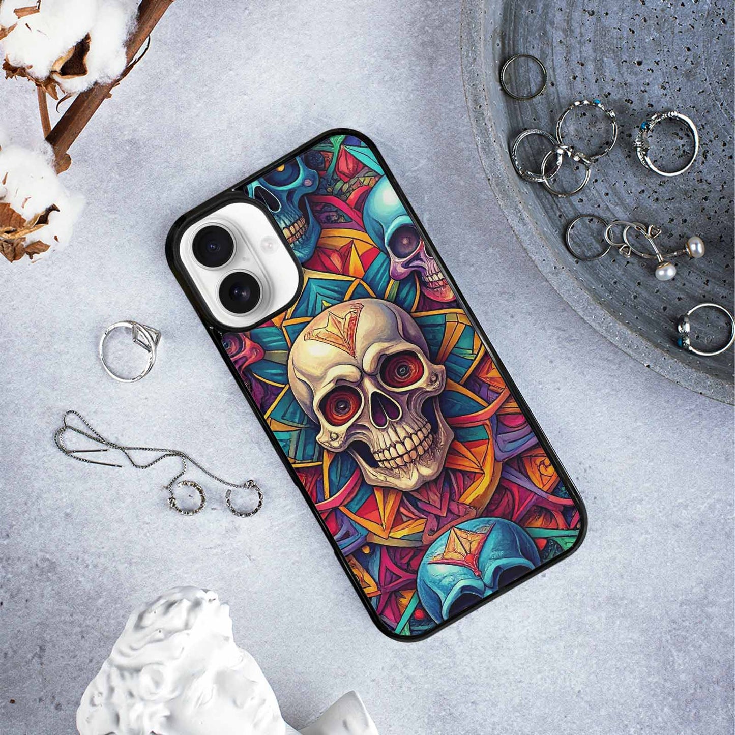 iPhone 16 Plus Case — Sacred Geometry Lots Of Skulls Seamless, Custom Made Phone Cover