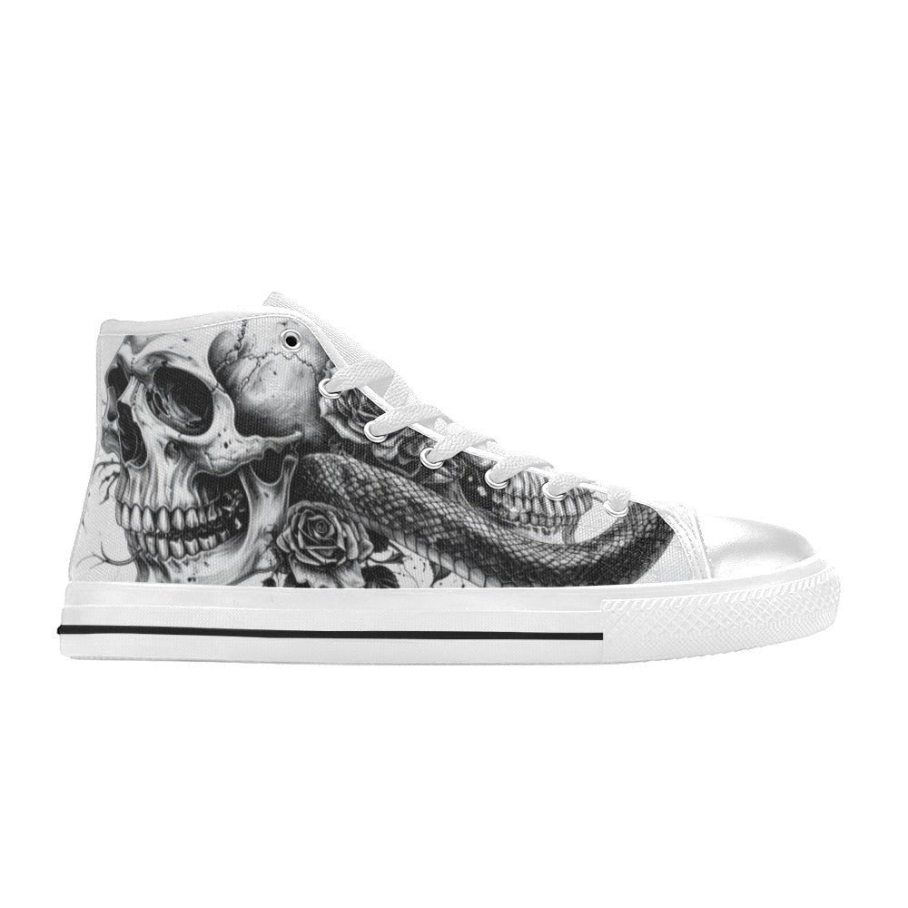 Freaky Shoes custom art sneakers with skull, snake & rose tattoo art, made to order