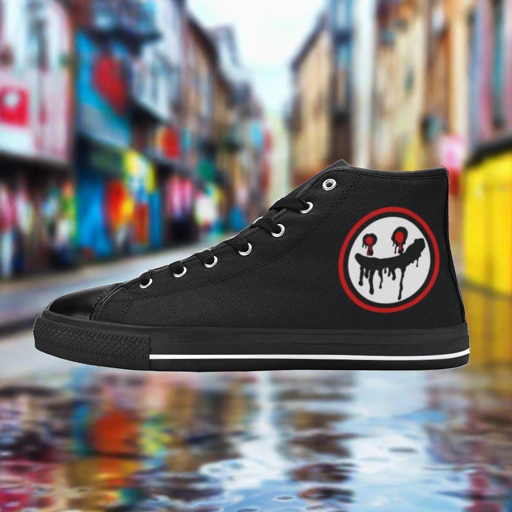 Women's Freaky Clean Logo Face Art R La hand-made high-top canvas shoes — unique wearable art by Freaky Shoes