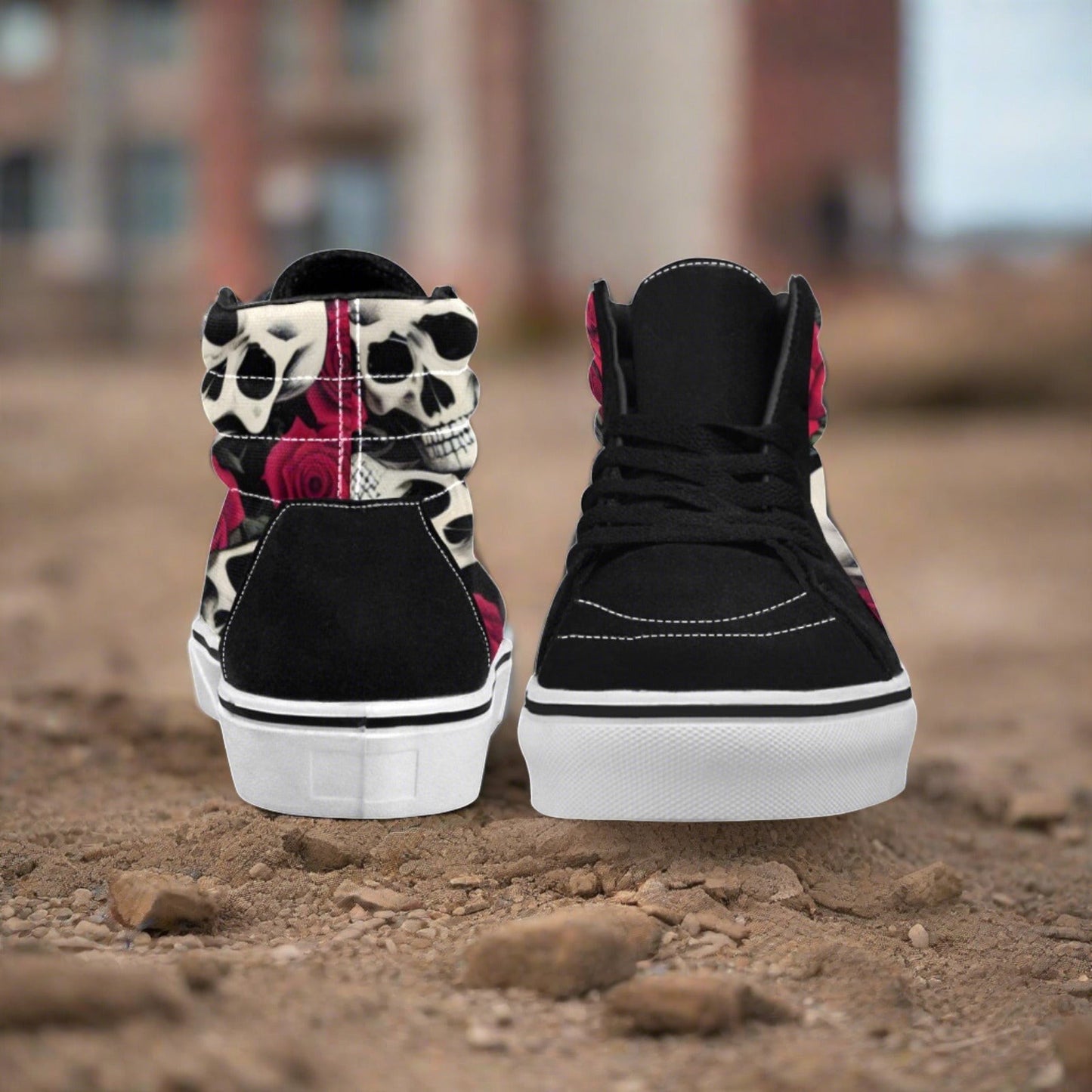 Custom Men's 8x Skulls & Roses high-top canvas shoes with bold all-over art — Freaky Shoes