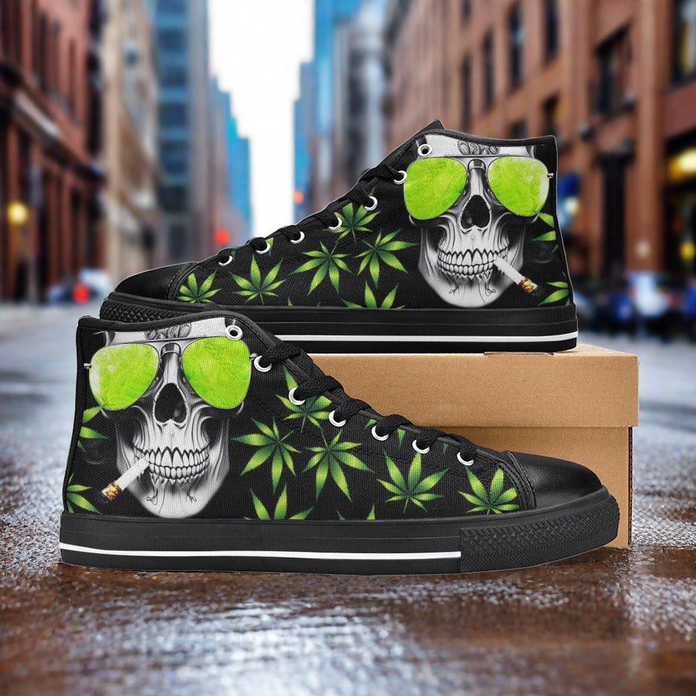 Women's Skull Weed Art hand-made high-top canvas shoes — unique wearable art by Freaky Shoes