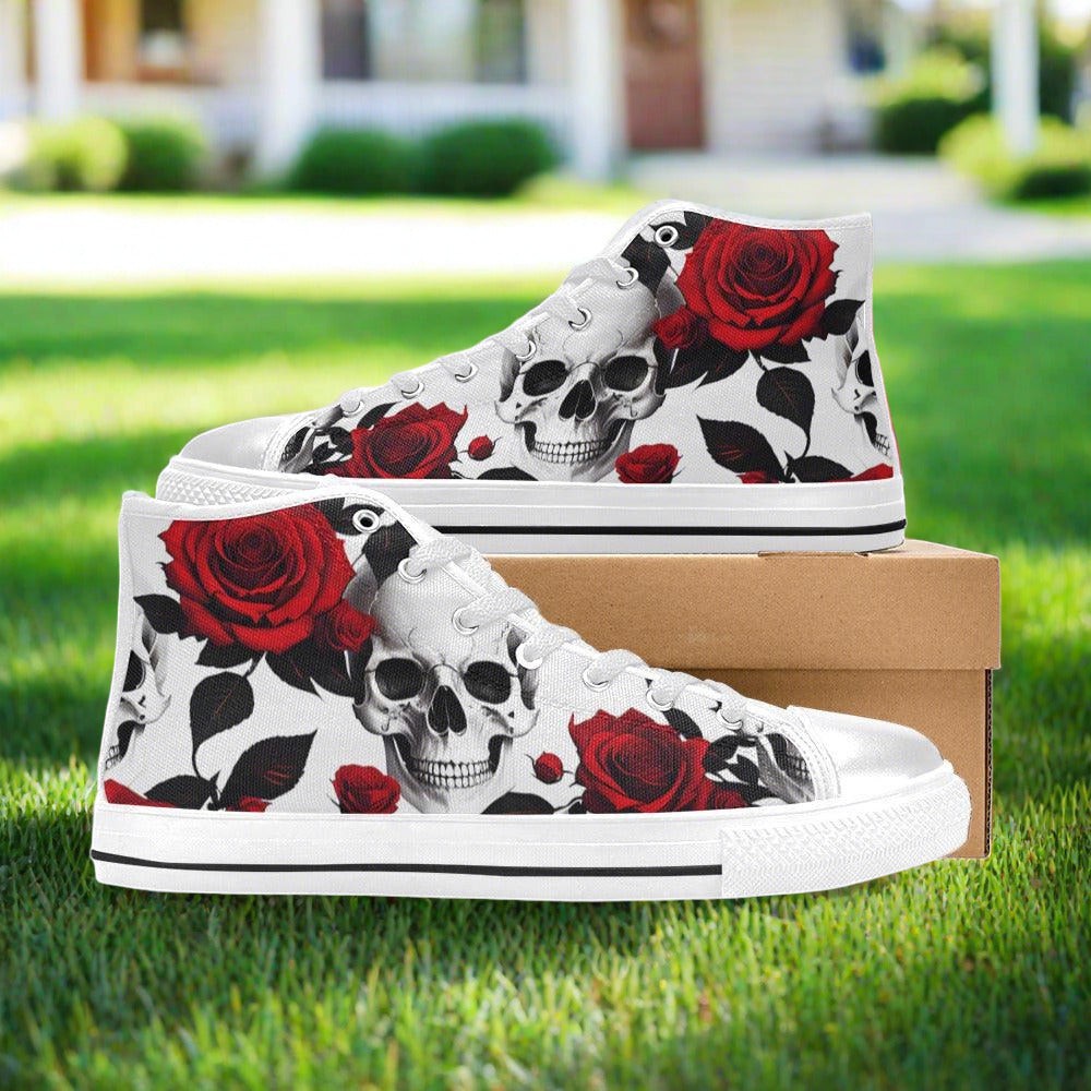 Men's Skulls Roses Deluxe hand-made high-top canvas shoes — unique wearable art by Freaky Shoes