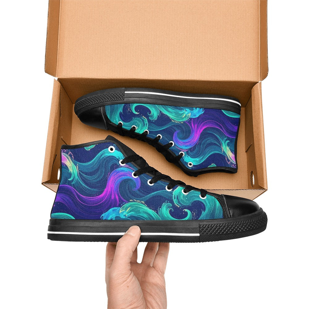MEN'S Glowing Ocean Swirls High Top Canvas Vibrant Chaos Sneakers