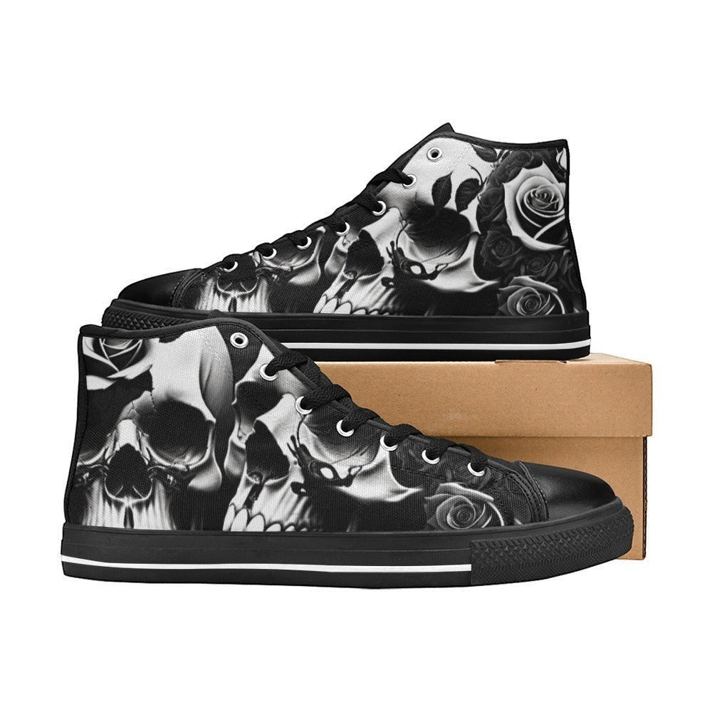 Freaky Shoes custom art sneakers with black and white skull and rose print, made to order wearable art