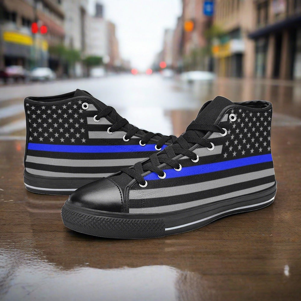 Custom Men's Thin Blue Line Flag Themed high-top canvas shoes with bold all-over art — Freaky Shoes