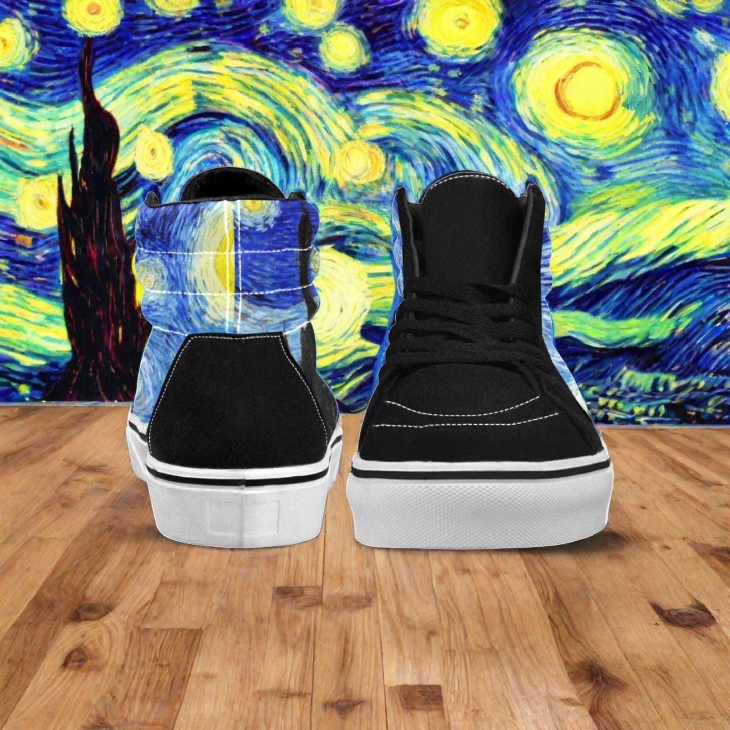 Custom Men's Starry Night high-top canvas shoes with bold all-over art — Freaky Shoes